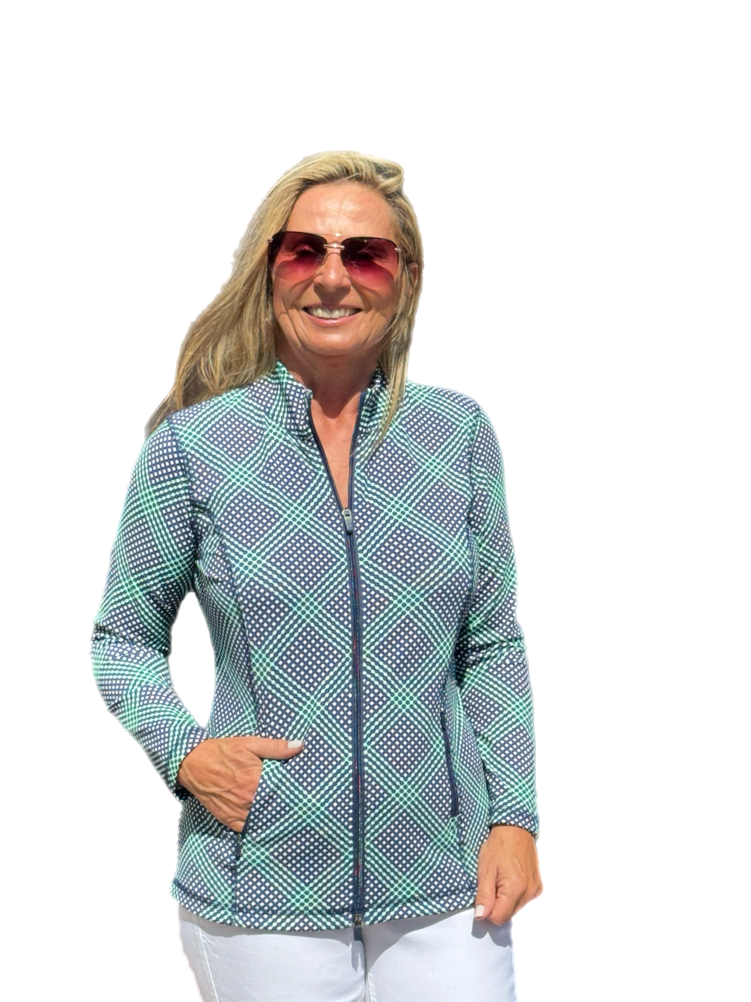 Zip-Up Long Sleeve Jacket with UPF50+ Check Navy - Back of the Bay Boutique