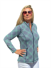 Load image into Gallery viewer, Zip-Up Long Sleeve Jacket with UPF50+ Check Navy - Back of the Bay Boutique
