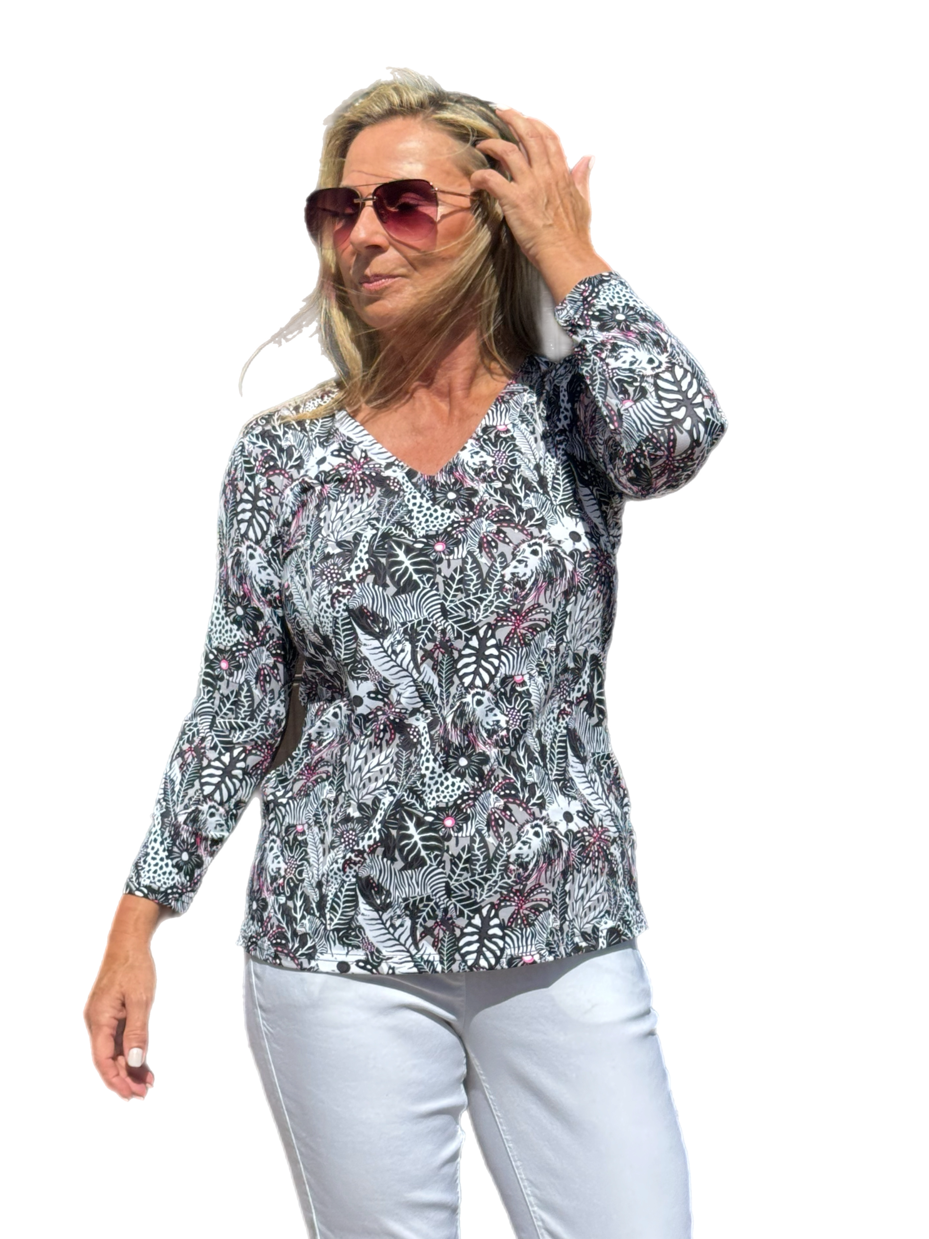 V-Neck Top with UPF50+ Jungle Pink - Back of the Bay Boutique