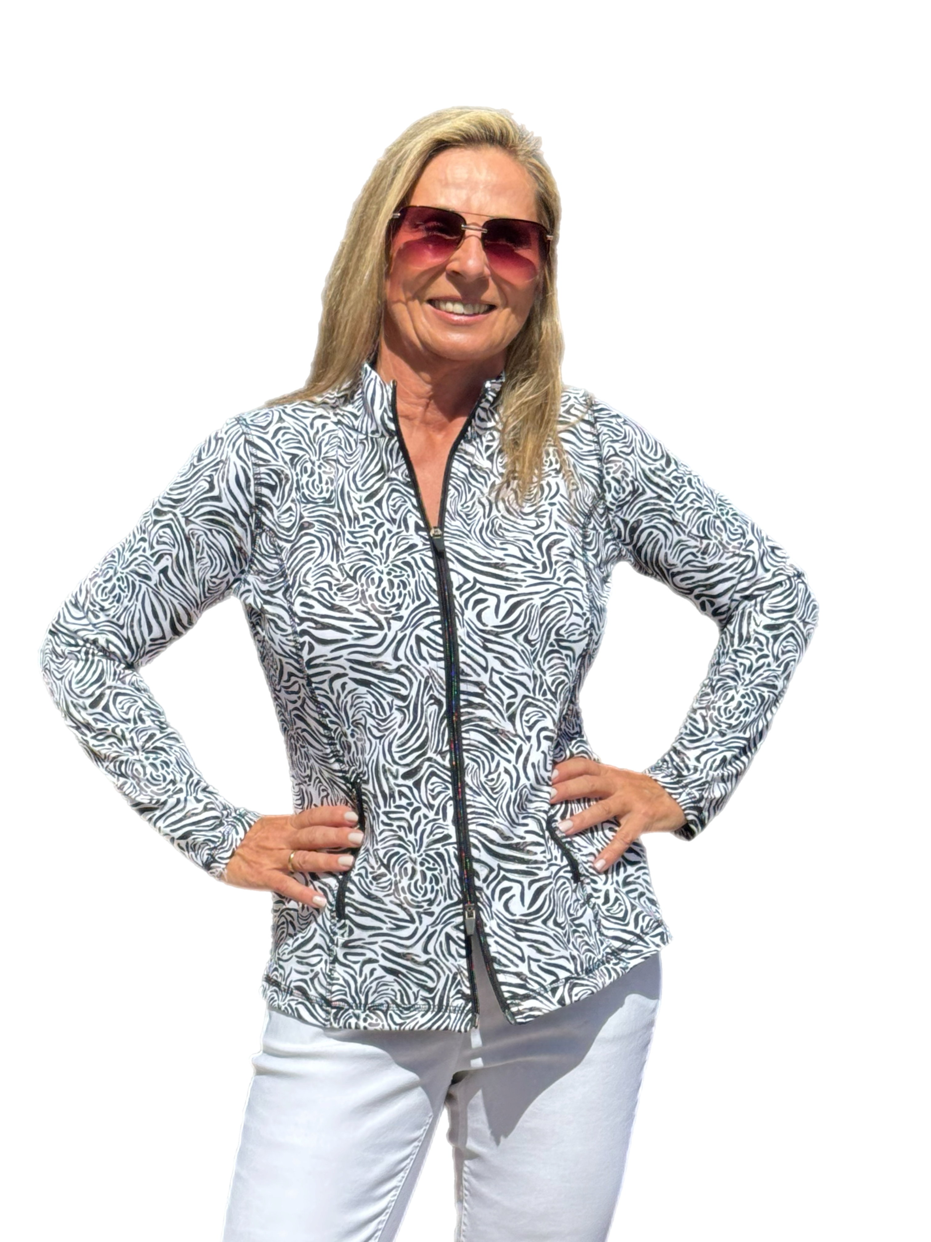 Zip-Up Long Sleeve Jacket with UPF50+ Black Zebra - Back of the Bay Boutique