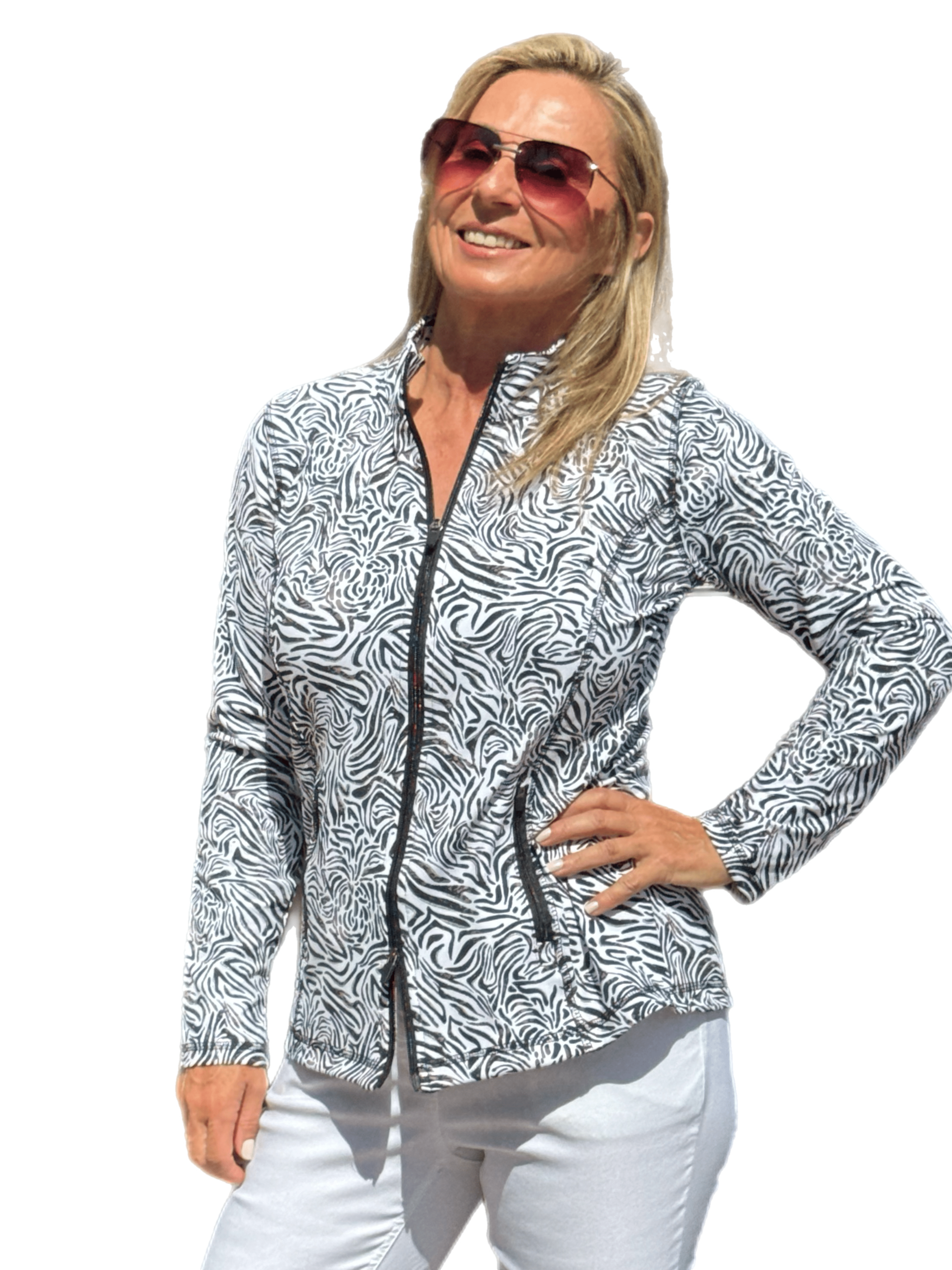 Zip-Up Long Sleeve Jacket with UPF50+ Black Zebra - Back of the Bay Boutique
