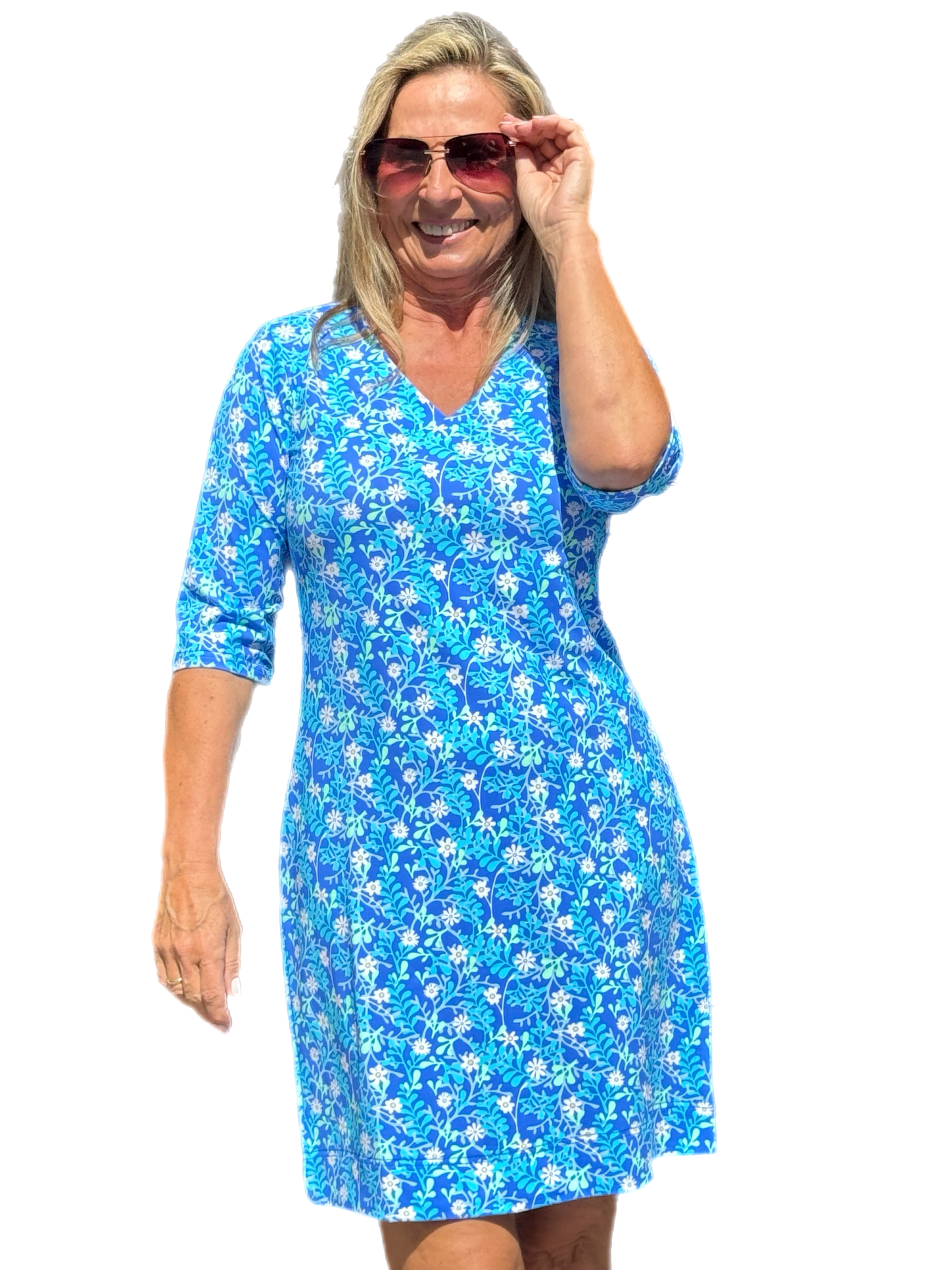 Elbow-Sleeve Travel Dress with UPF50+ Summer Breeze Daisy - Back of the Bay Boutique