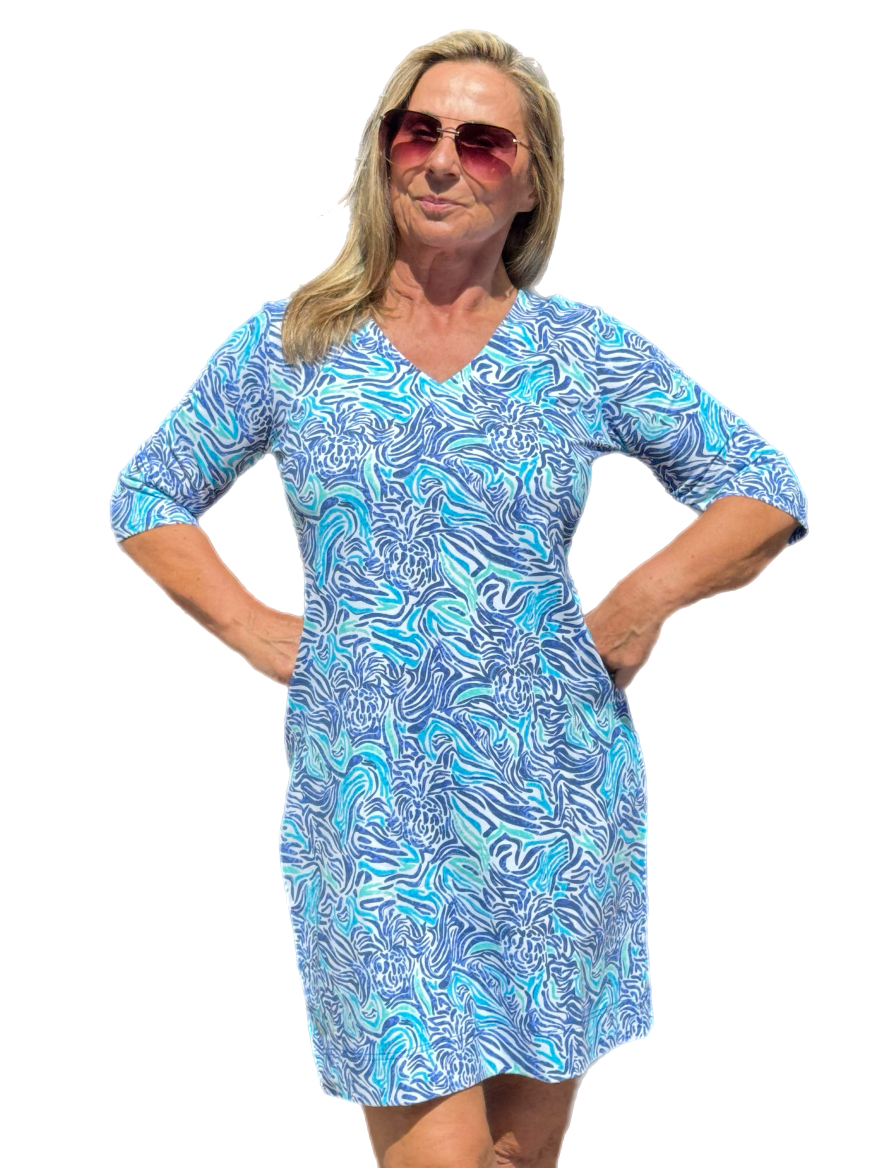 Elbow-Sleeve Travel Dress with UPF50+ Light Peri Zebra - Back of the Bay Boutique