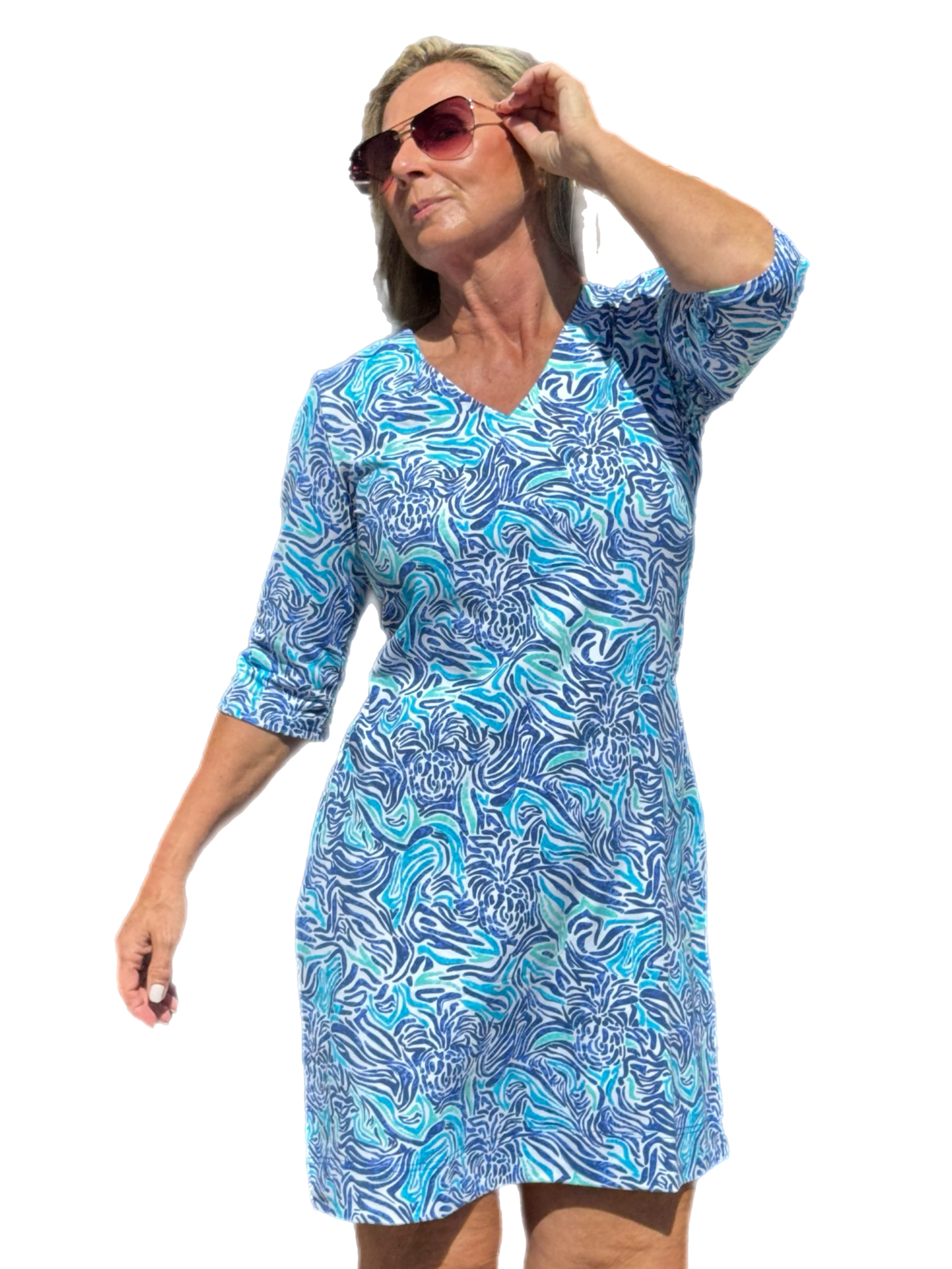 Elbow-Sleeve Travel Dress with UPF50+ Light Peri Zebra - Back of the Bay Boutique