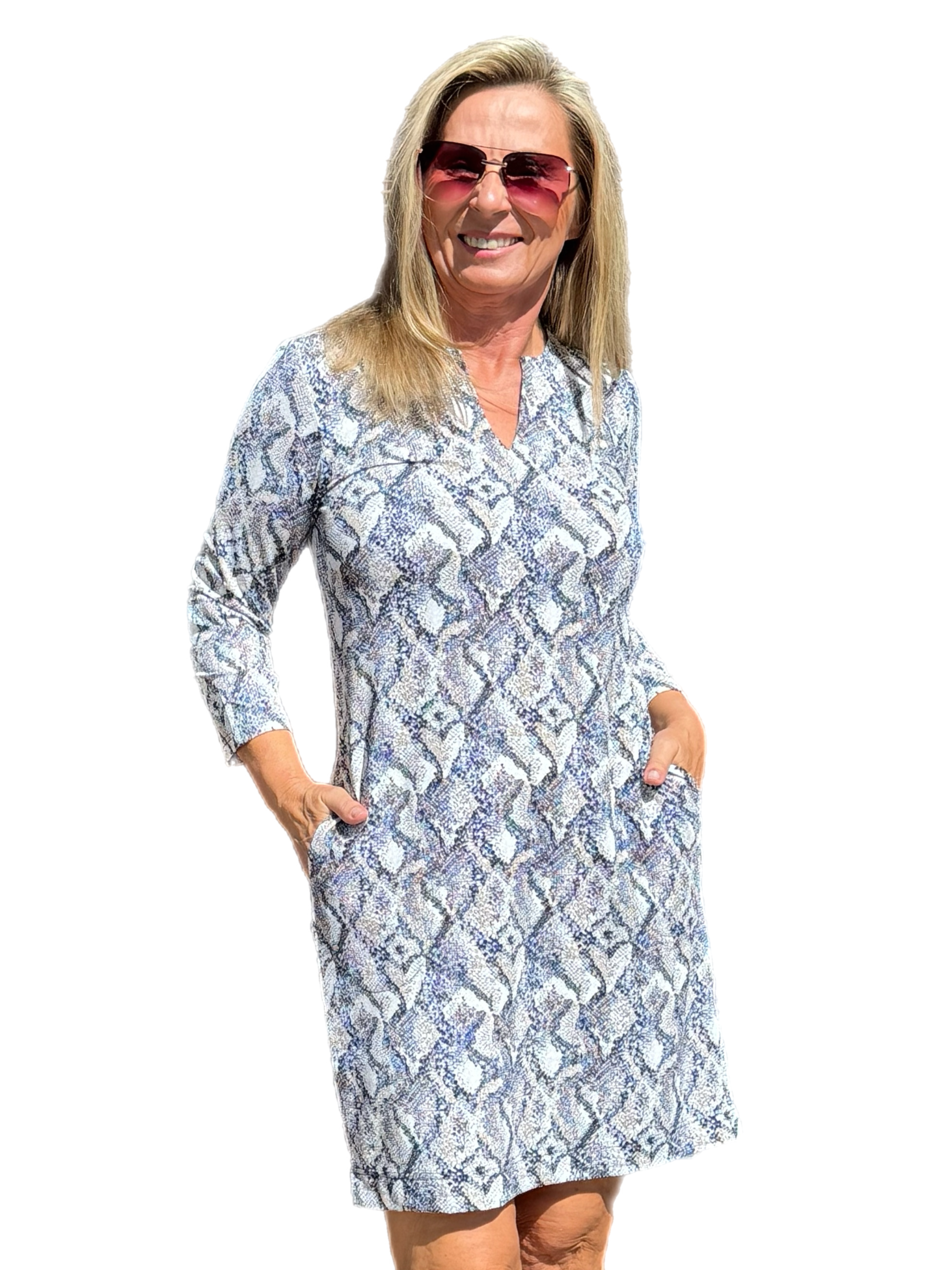 Notched V-Neck Travel Dress with UPF50+ Taupe Python - Back of the Bay Boutique