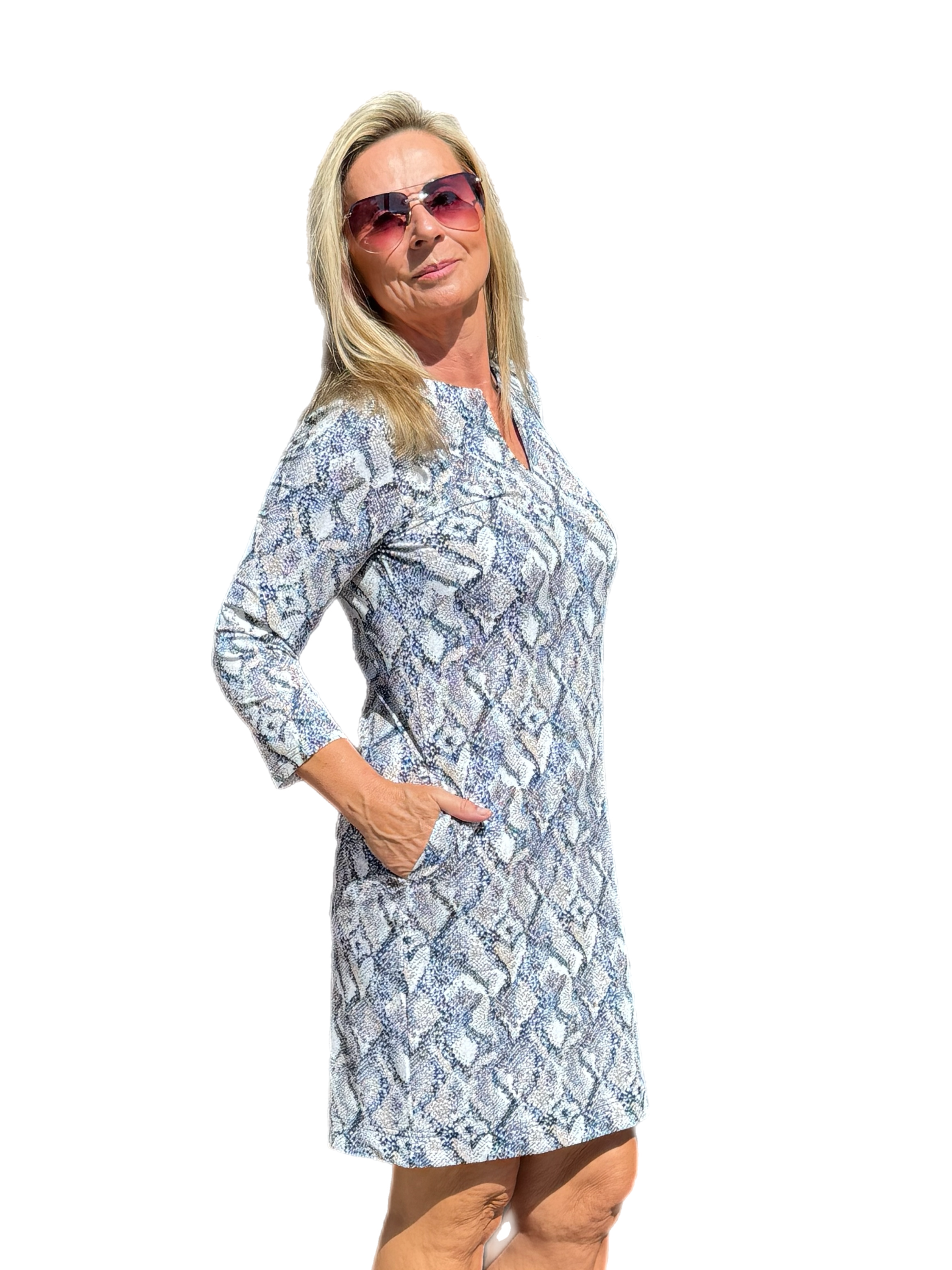 Notched V-Neck Travel Dress with UPF50+ Taupe Python - Back of the Bay Boutique