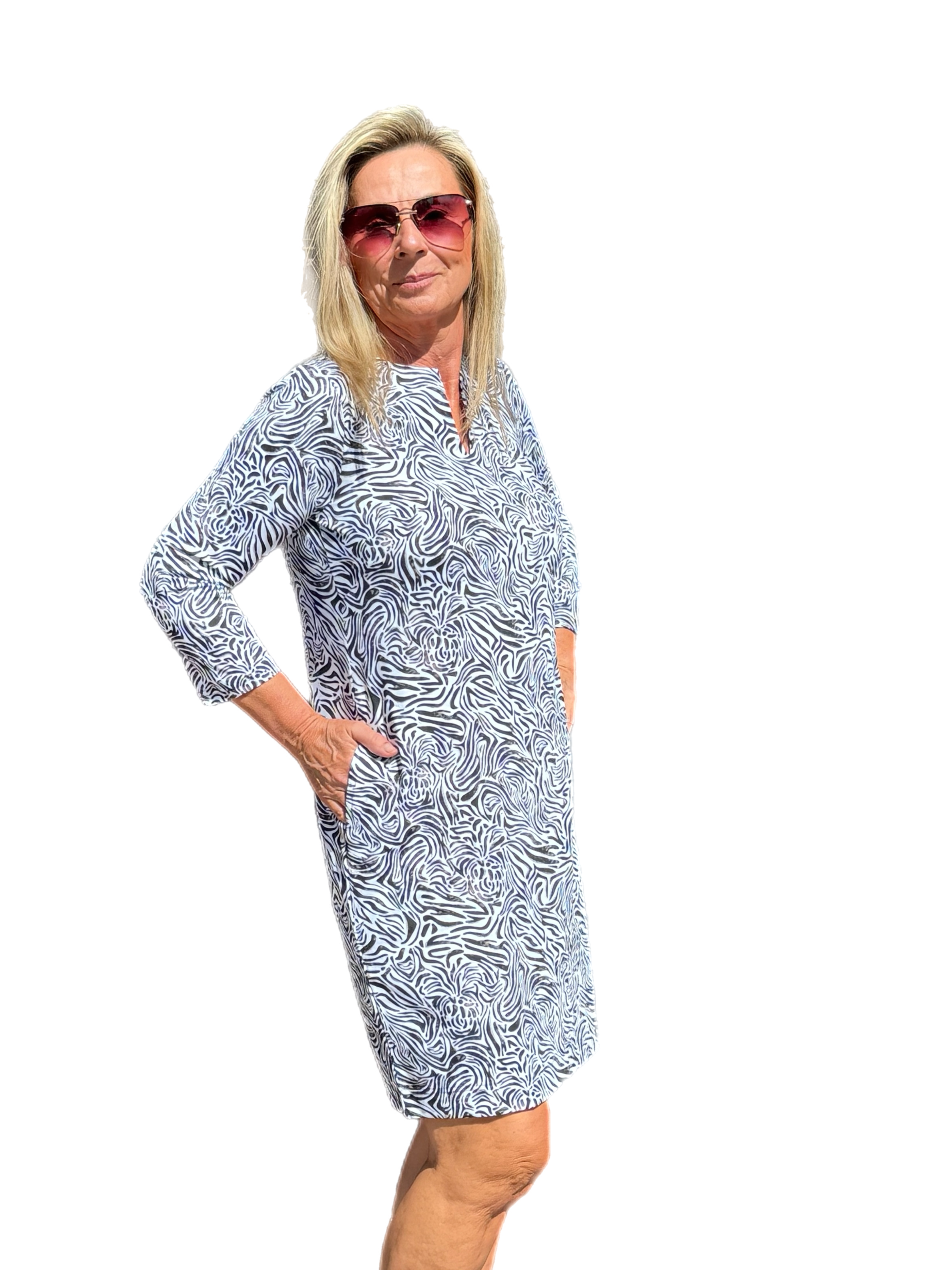 Notched V-Neck Travel Dress with UPF50+ Black Zebra - Back of the Bay Boutique