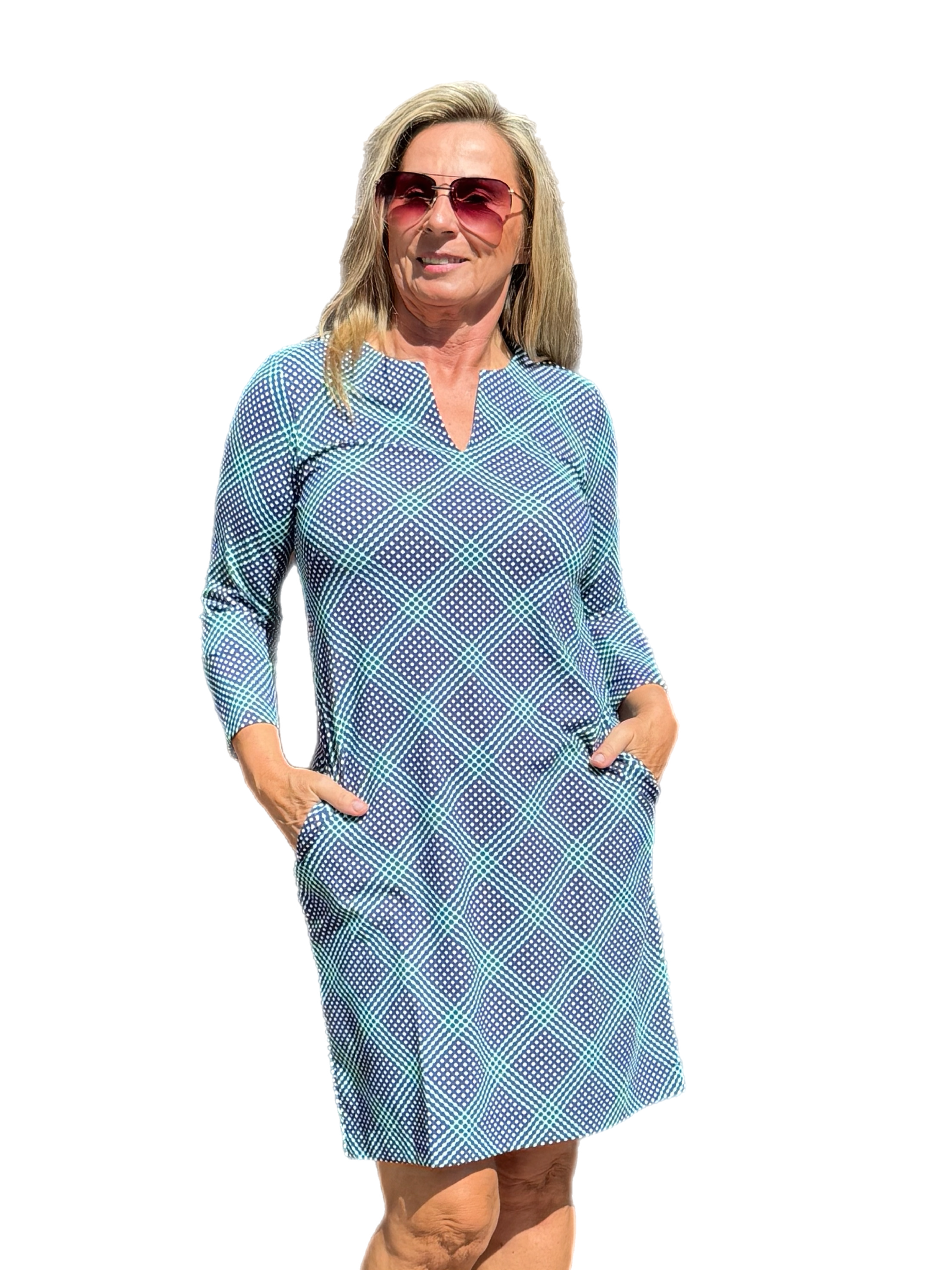 Notched V-Neck Travel Dress with UPF50+ Check Navy - Back of the Bay Boutique