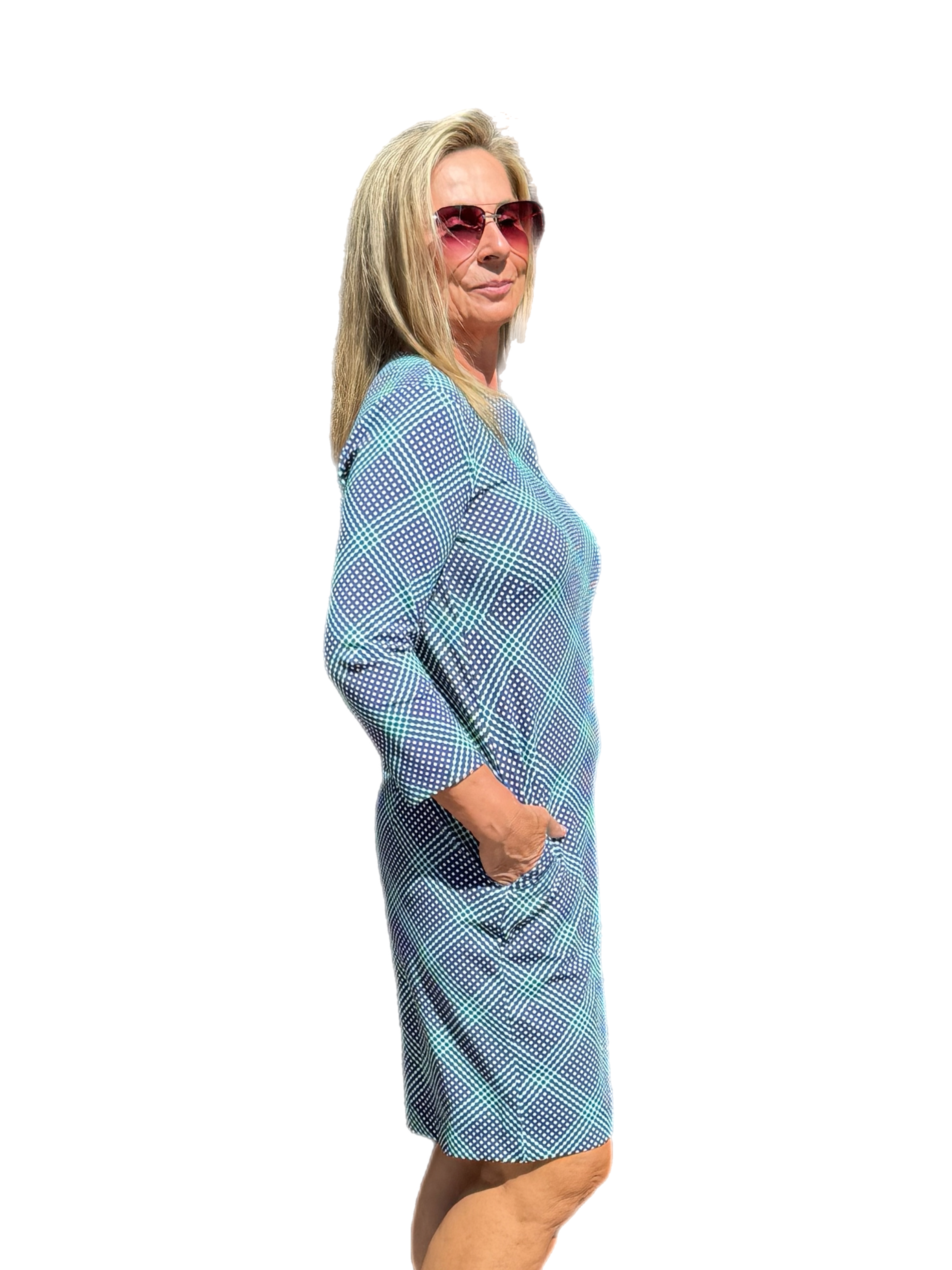 Notched V-Neck Travel Dress with UPF50+ Check Navy - Back of the Bay Boutique