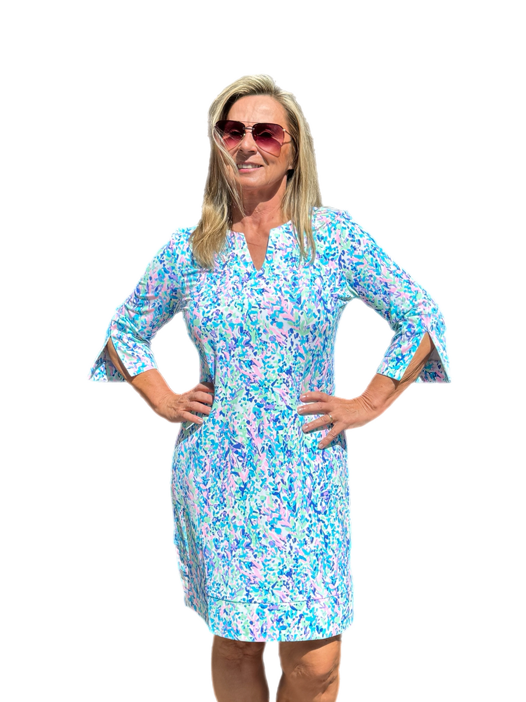 Split-Neck Travel Dress with UPF50+ Confetti Pastel - Back of the Bay Boutique