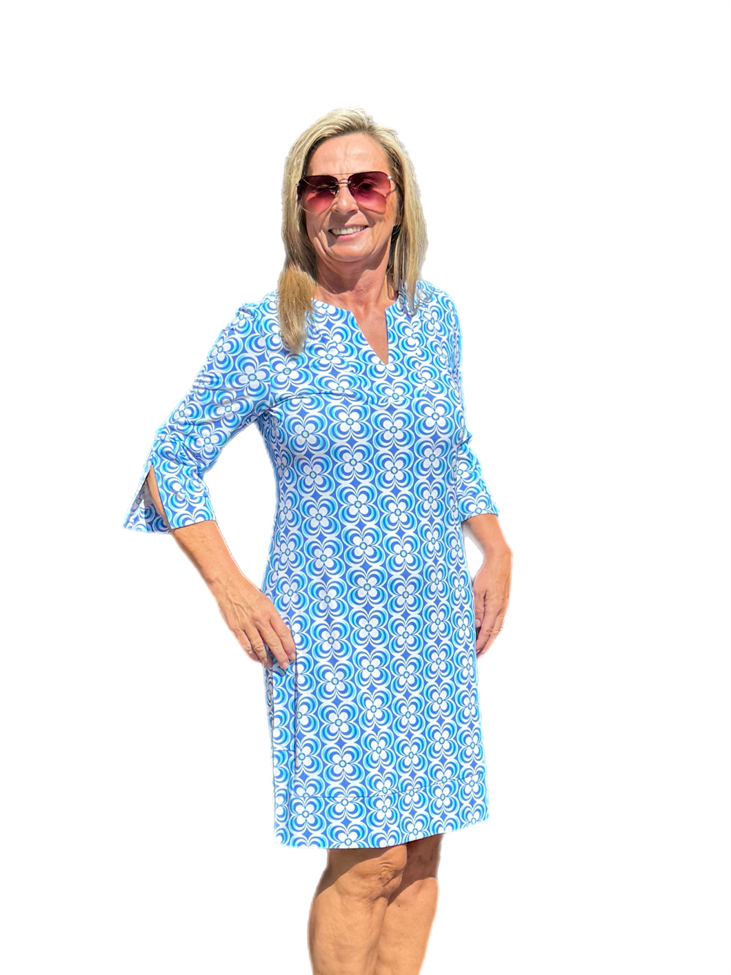 Split-Neck Travel Dress with UPF50+ Floral Periwinkle - Back of the Bay Boutique