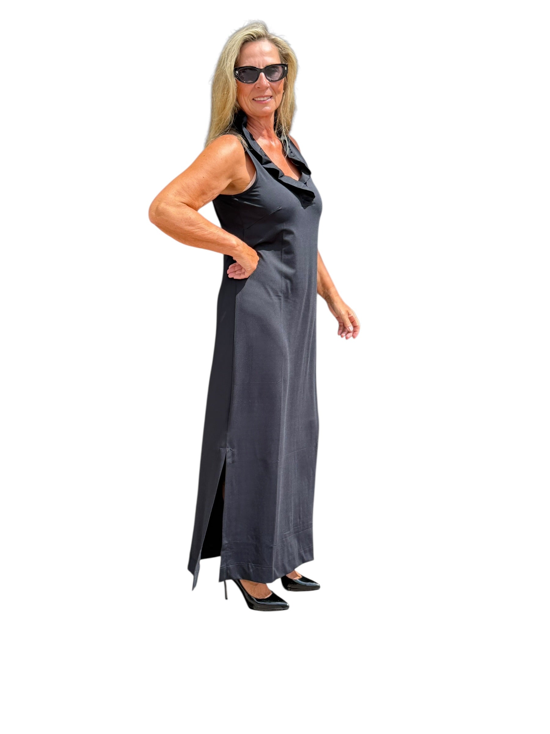Ruffle-Neck Maxi Dress with UPF50+ Black