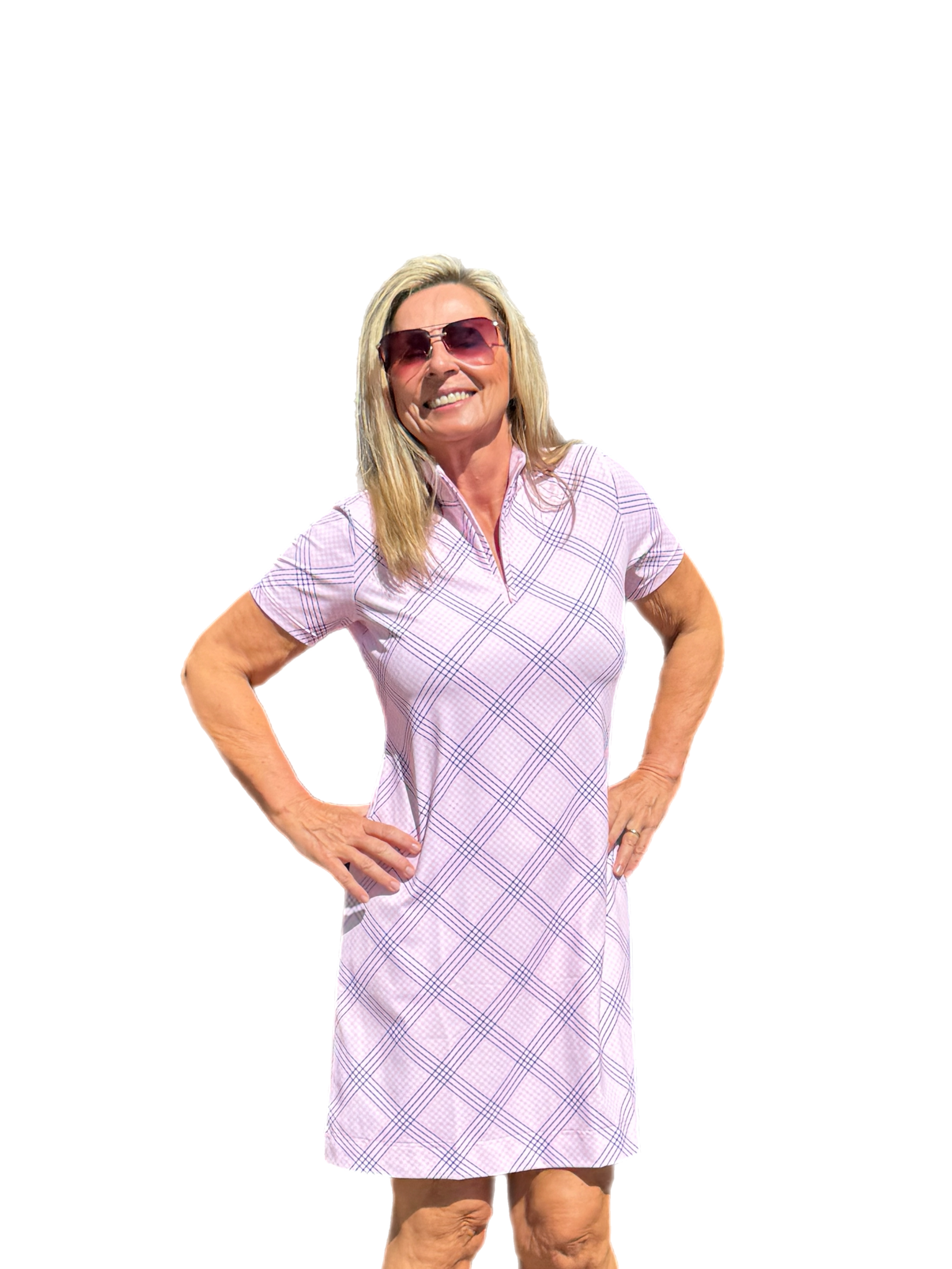 Polo-Collar Quarterzip Short-Sleeve Dress Check Pink - Back of the Bay Boutique