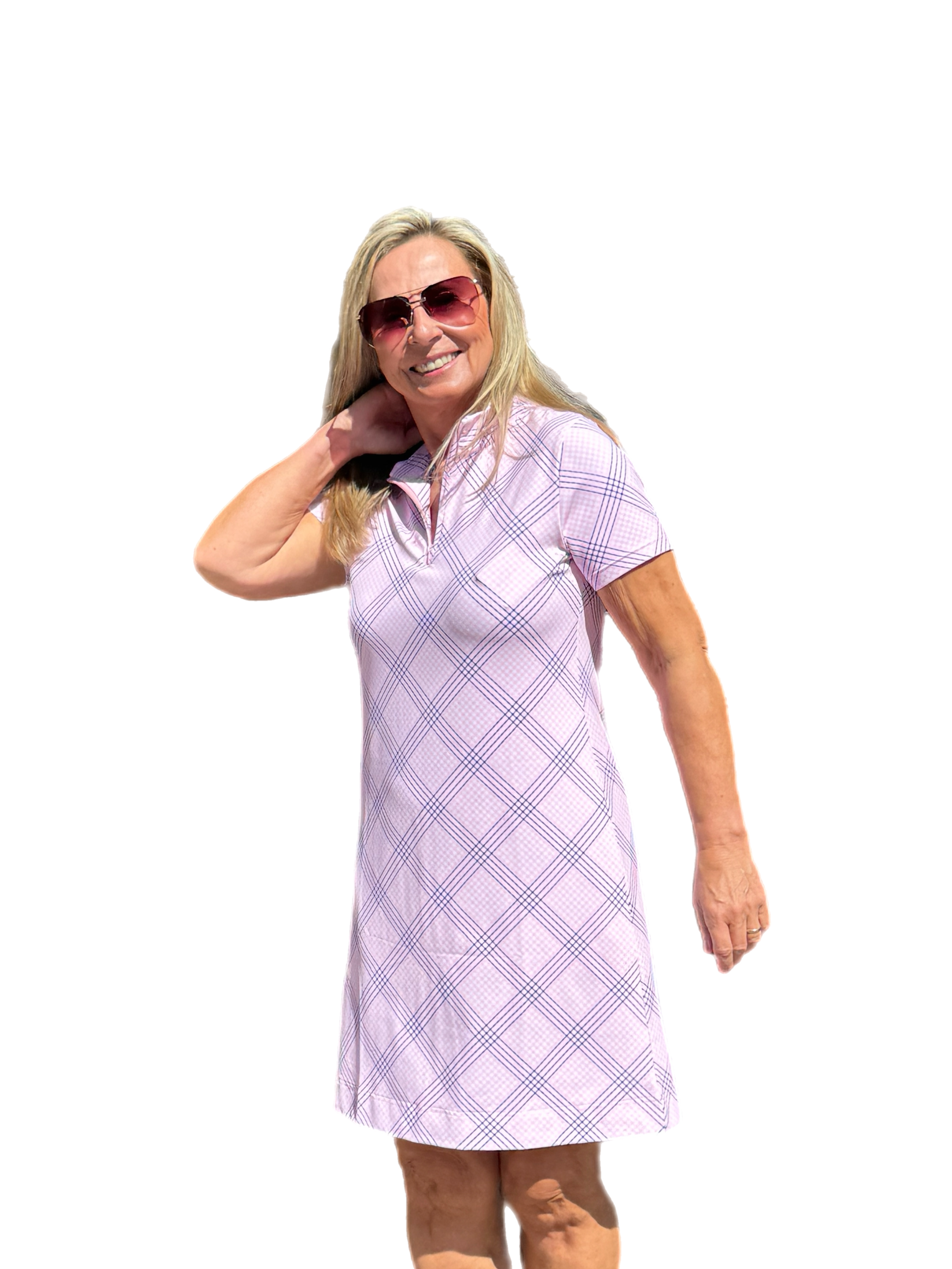 Polo-Collar Quarterzip Short-Sleeve Dress Check Pink - Back of the Bay Boutique