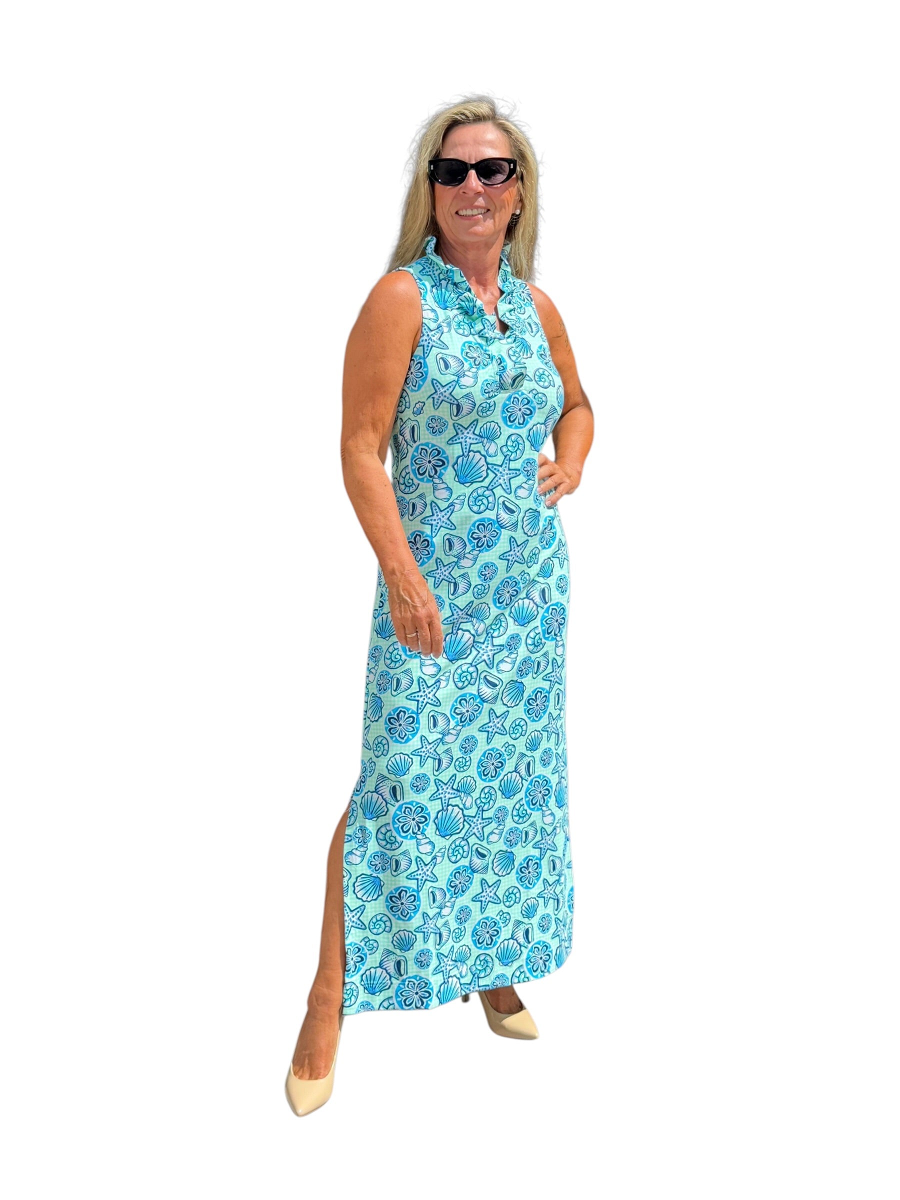 Ruffle-Neck Maxi Dress with UPF50+ Ocean Shells Blue