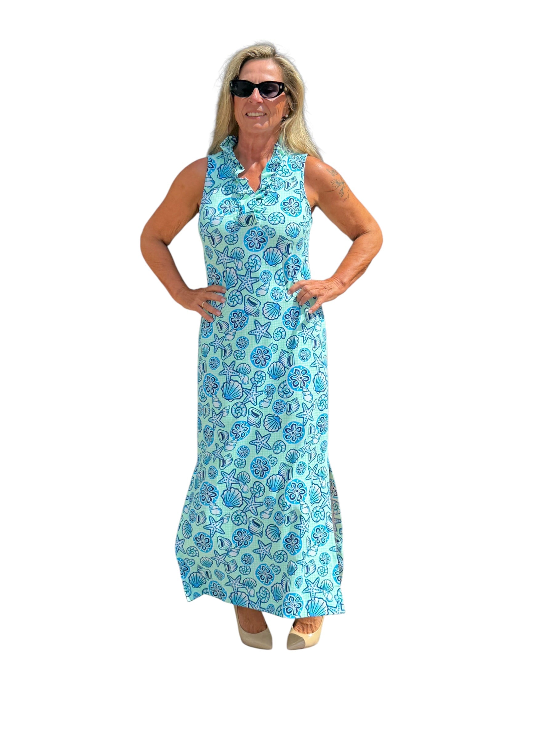 Ruffle-Neck Maxi Dress with UPF50+ Ocean Shells Blue