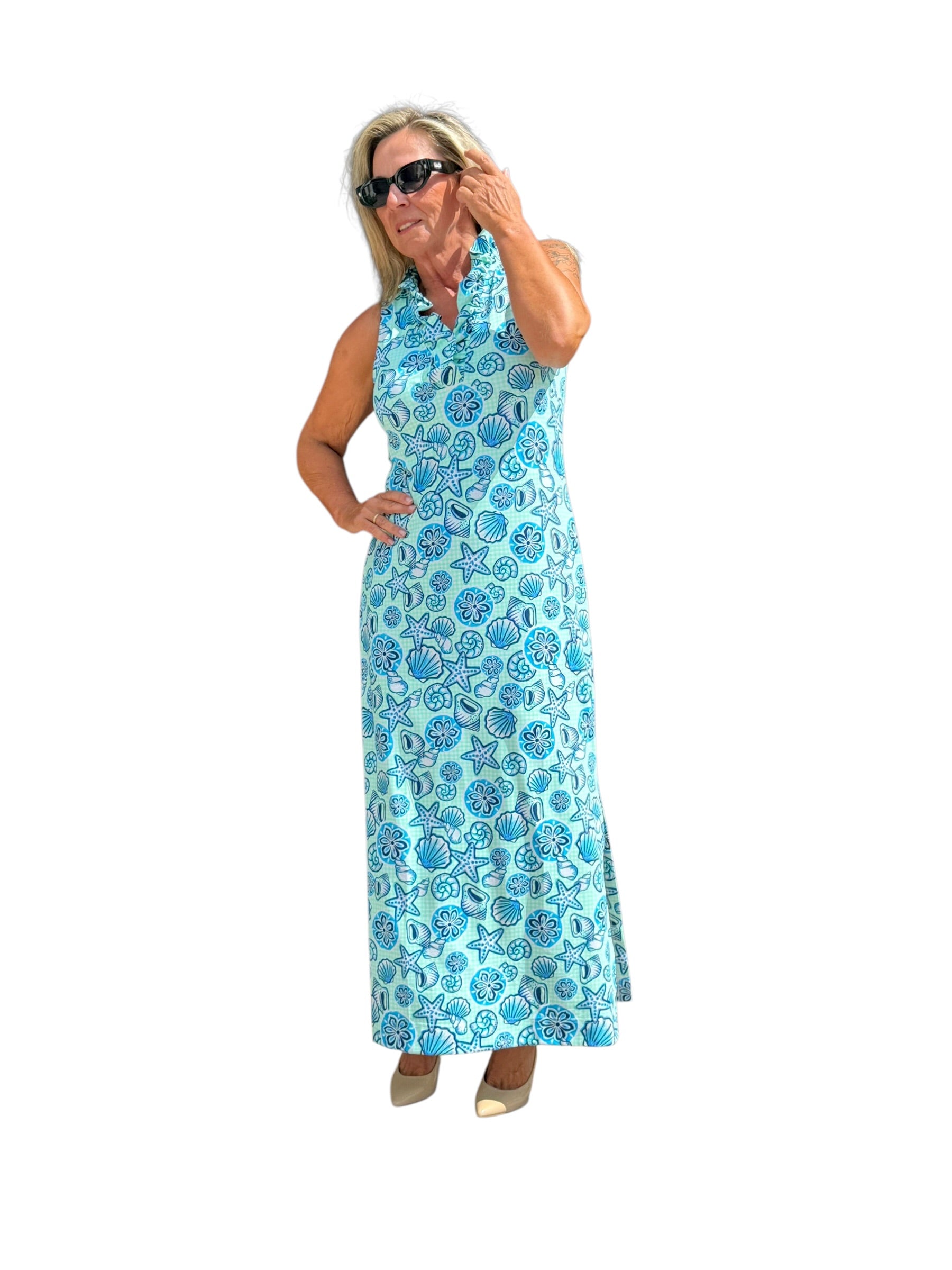 Ruffle-Neck Maxi Dress with UPF50+ Ocean Shells Blue