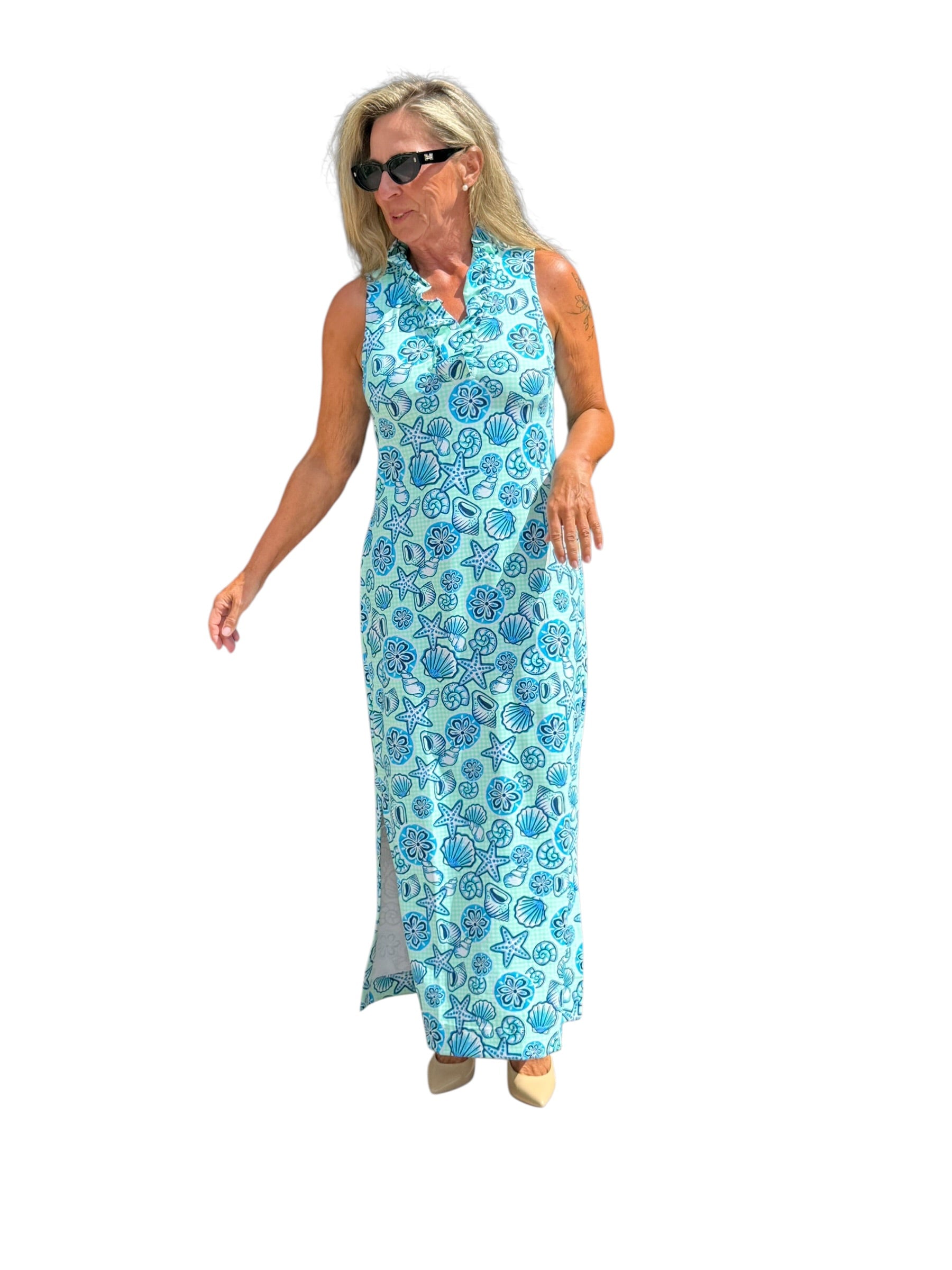 Ruffle-Neck Maxi Dress with UPF50+ Ocean Shells Blue