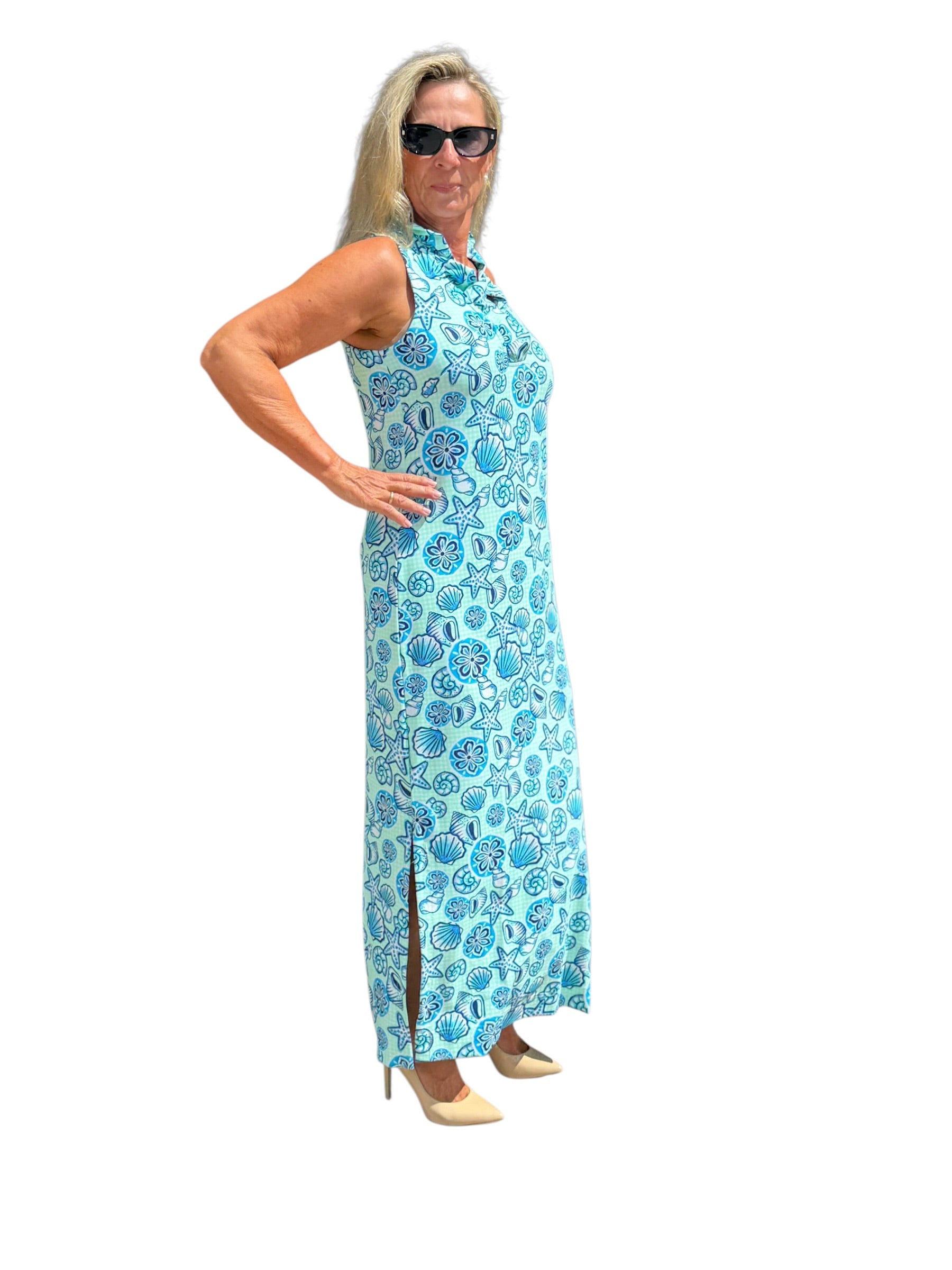Ruffle-Neck Maxi Dress with UPF50+ Ocean Shells Blue