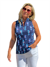 Load image into Gallery viewer, High Zip-Neck Sleeveless Top with UPF50+ Seahorse Navy
