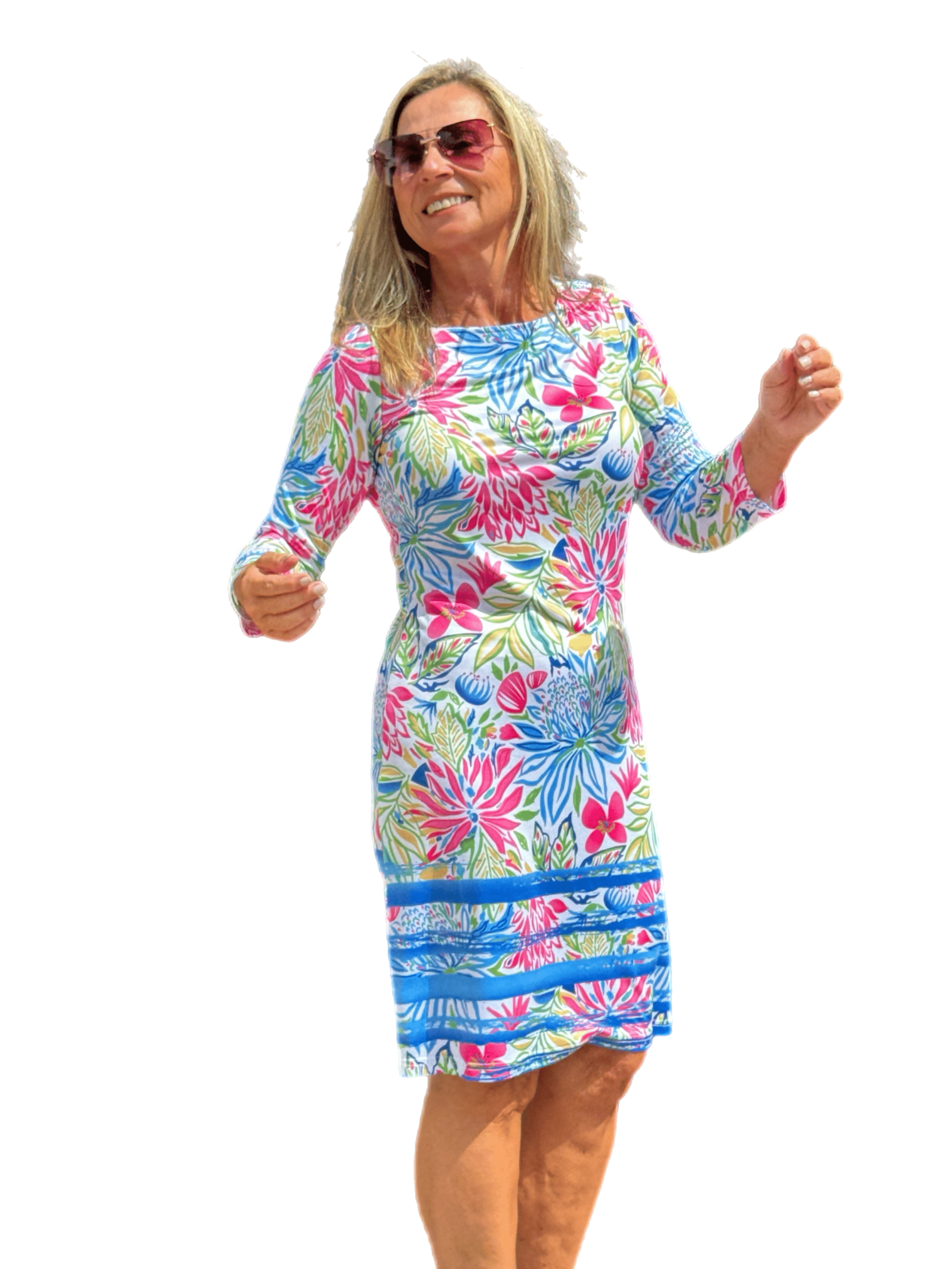3/4-Sleeve Boat-Neck Dress with UPF50+ Summer Garden