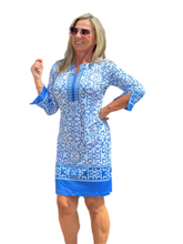 Load image into Gallery viewer, 3/4-Sleeve Notched-Neck Dress with UPF50+ Blue Ornaments
