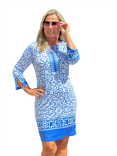 Load image into Gallery viewer, 3/4-Sleeve Notched-Neck Dress with UPF50+ Blue Ornaments
