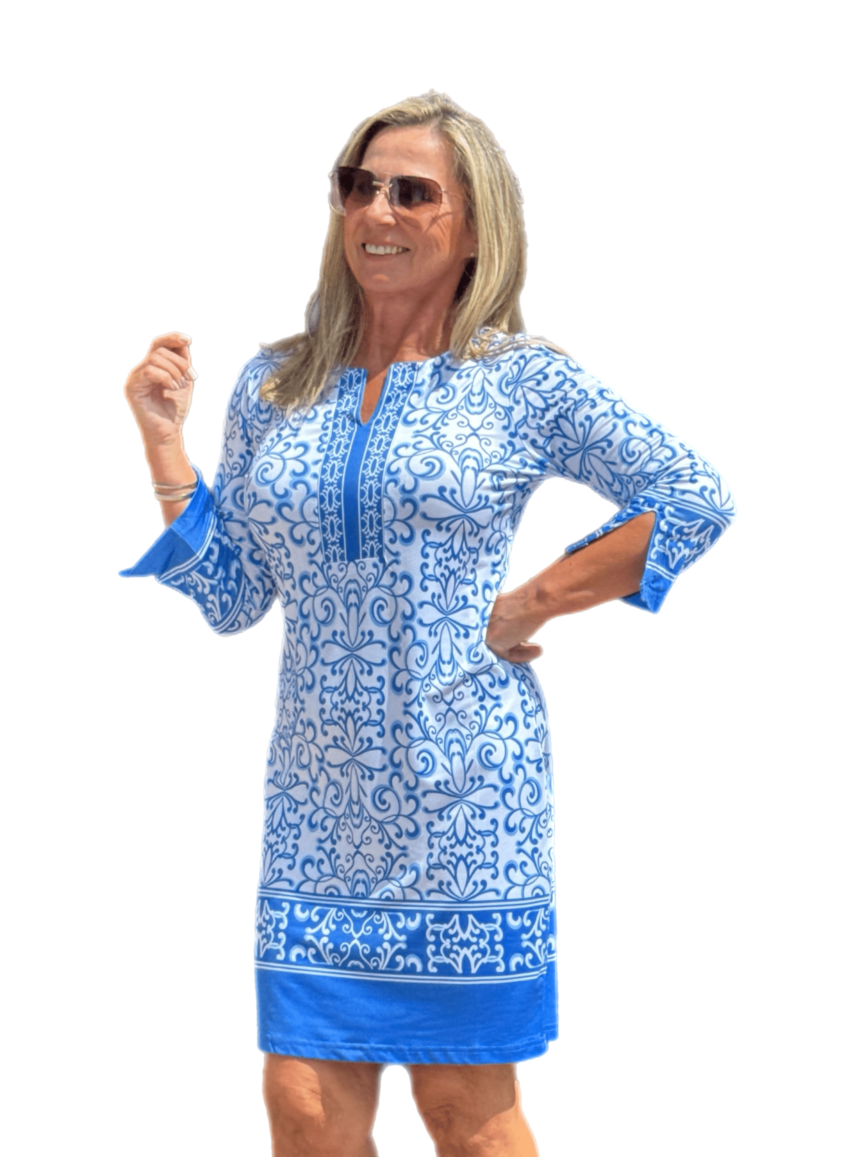 3/4-Sleeve Notched-Neck Dress with UPF50+ Blue Ornaments