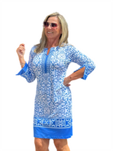 Load image into Gallery viewer, 3/4-Sleeve Notched-Neck Dress with UPF50+ Blue Ornaments
