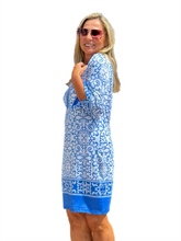 Load image into Gallery viewer, 3/4-Sleeve Notched-Neck Dress with UPF50+ Blue Ornaments
