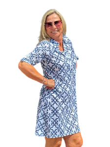 3/4-Sleeve Polo-Collar Dress White/Navy