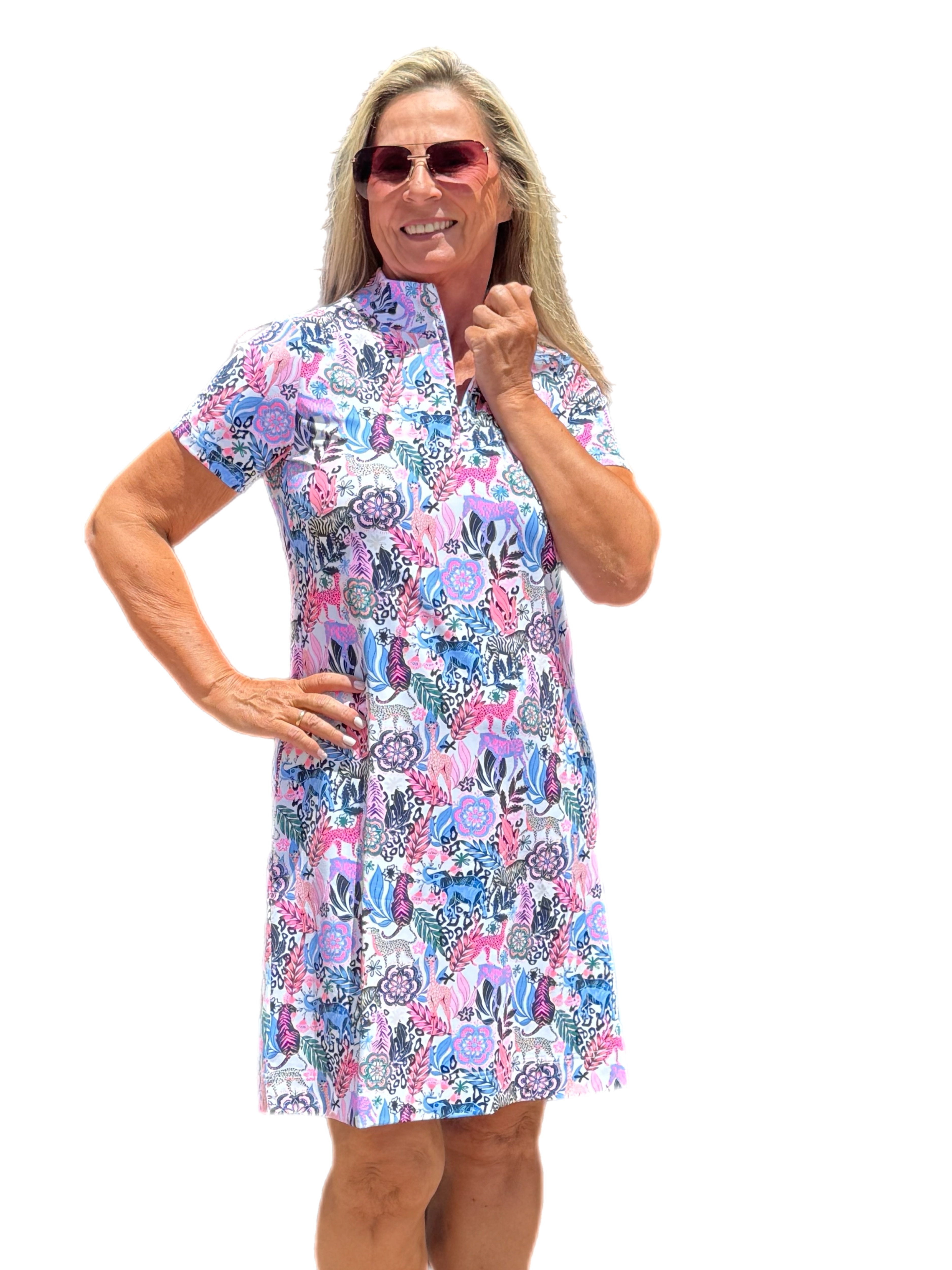 Polo-Collar Quarterzip Short-Sleeve Dress Jungle Multi