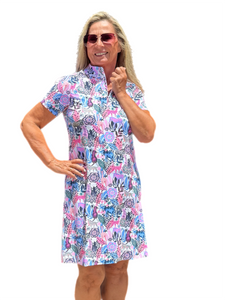 Polo-Collar Quarterzip Short-Sleeve Dress Jungle Multi