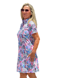 Polo-Collar Quarterzip Short-Sleeve Dress Jungle Multi