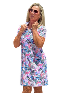 Polo-Collar Quarterzip Short-Sleeve Dress Jungle Multi