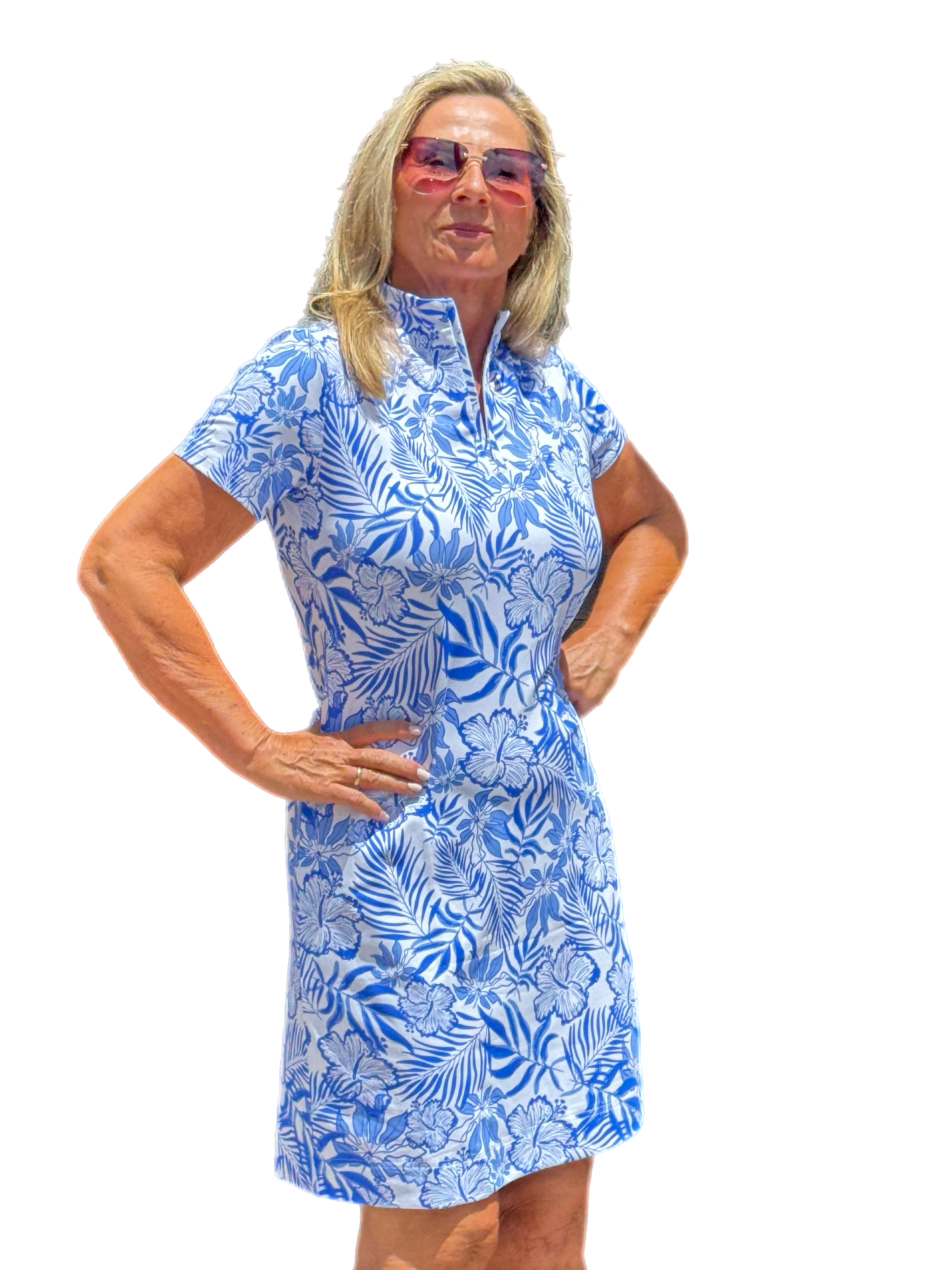 Polo-Collar Quarterzip Short-Sleeve Dress Summer Breeze Blue