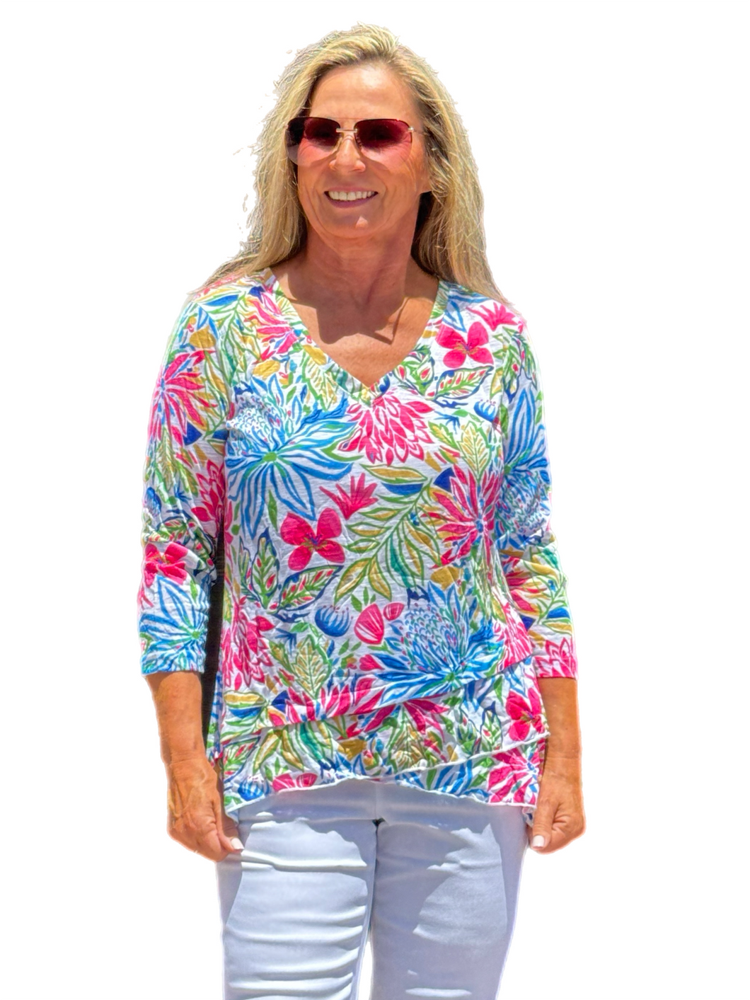 3/4-Sleeve High-Low Tunic Summer Garden
