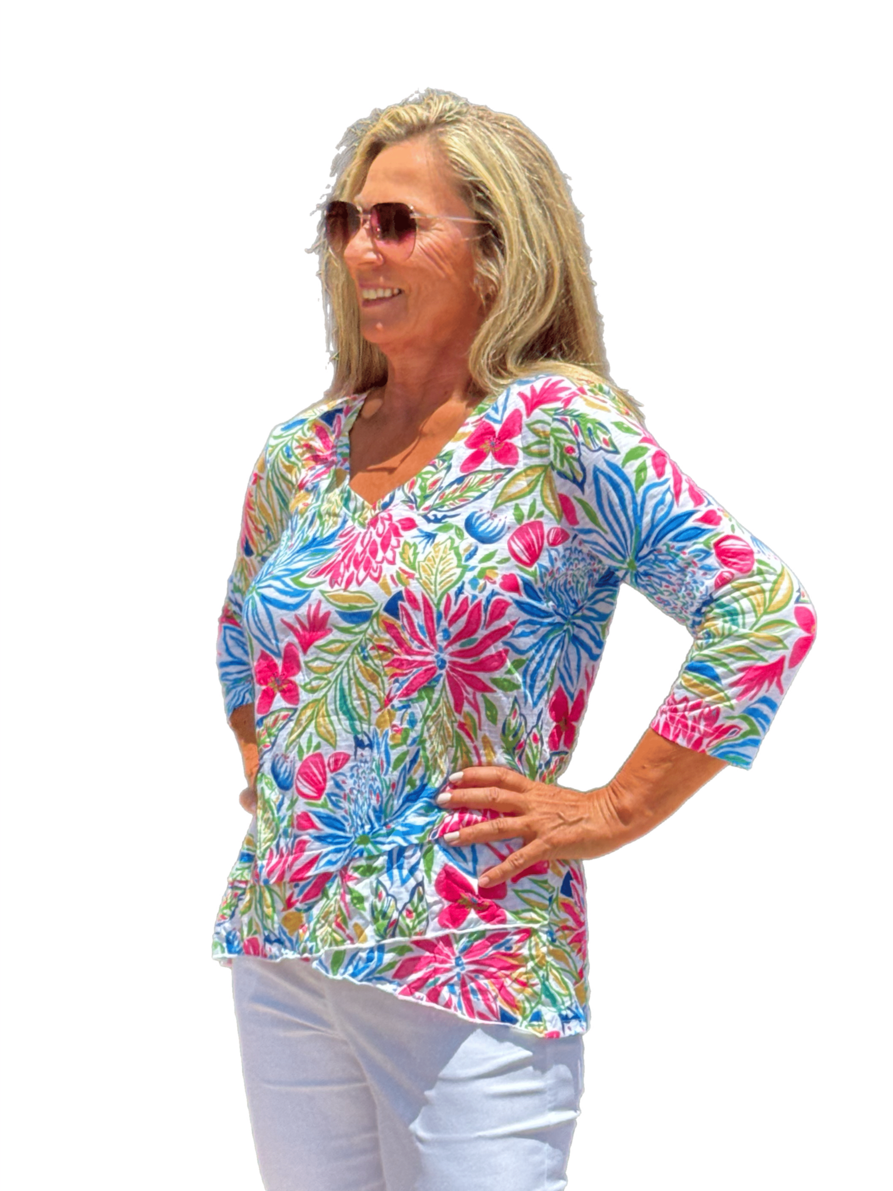 3/4-Sleeve High-Low Tunic Summer Garden