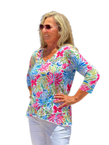 3/4-Sleeve High-Low Tunic Summer Garden