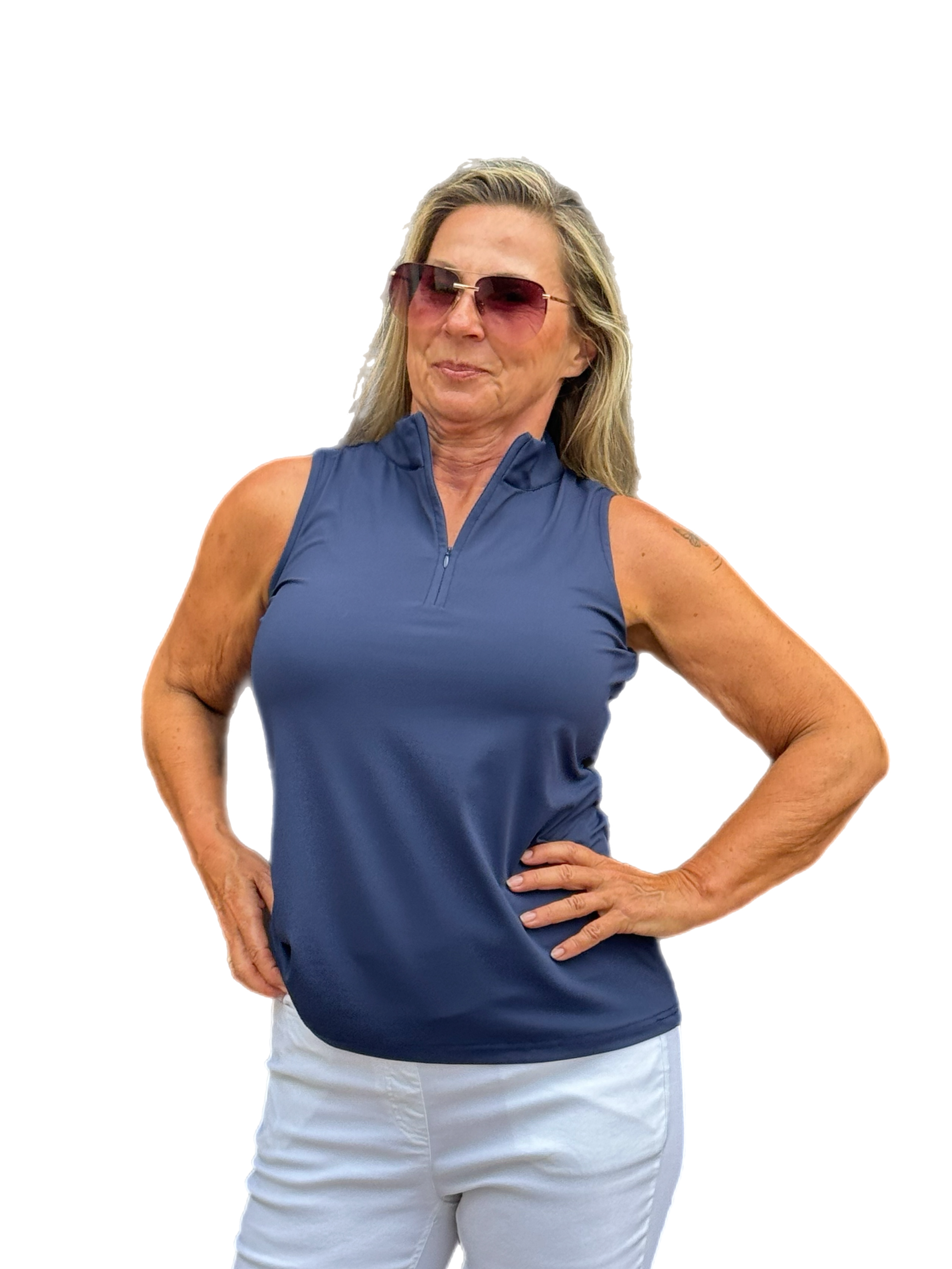 High Zip-Neck Sleeveless Top with UPF50+ Navy