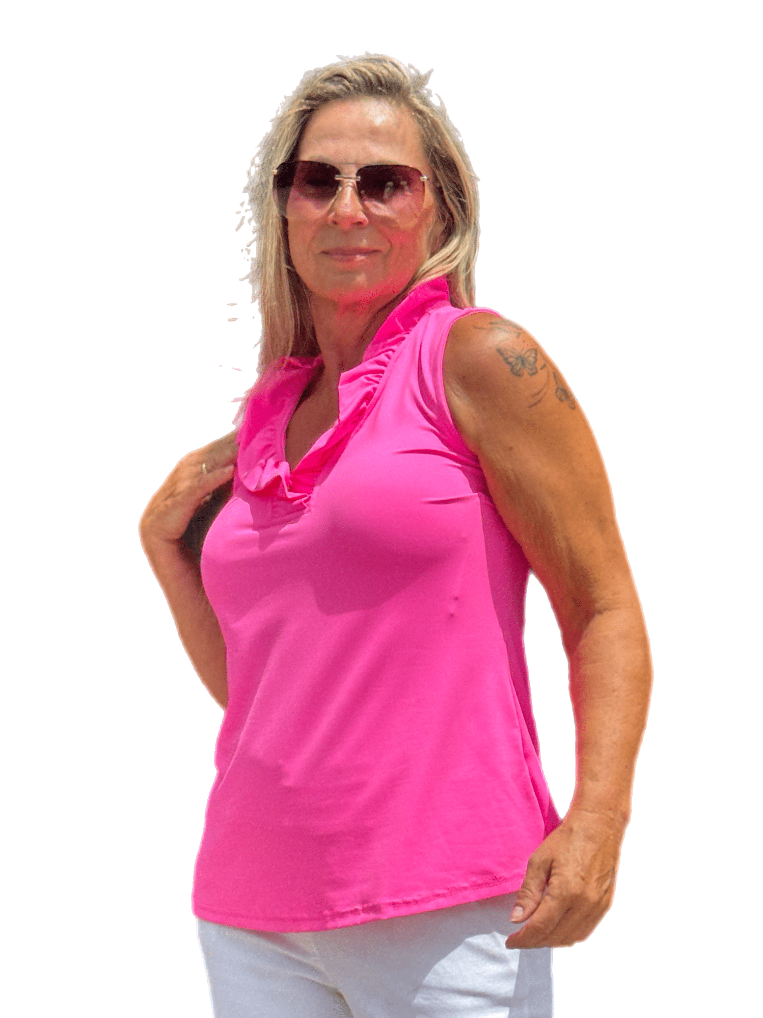 Ruffle-Neck Top with UPF50+ Bright Hot Pink
