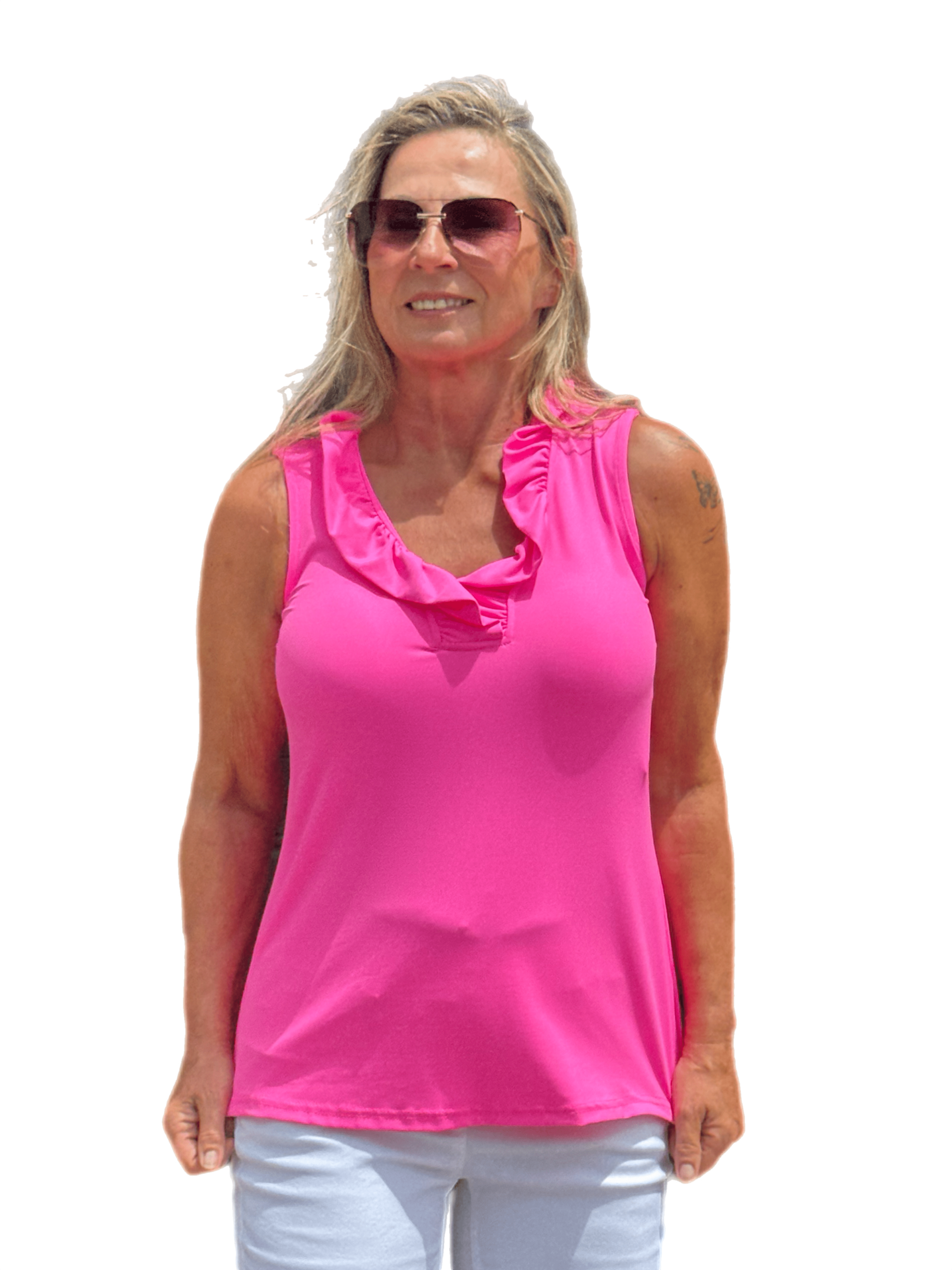 Ruffle-Neck Top with UPF50+ Bright Hot Pink
