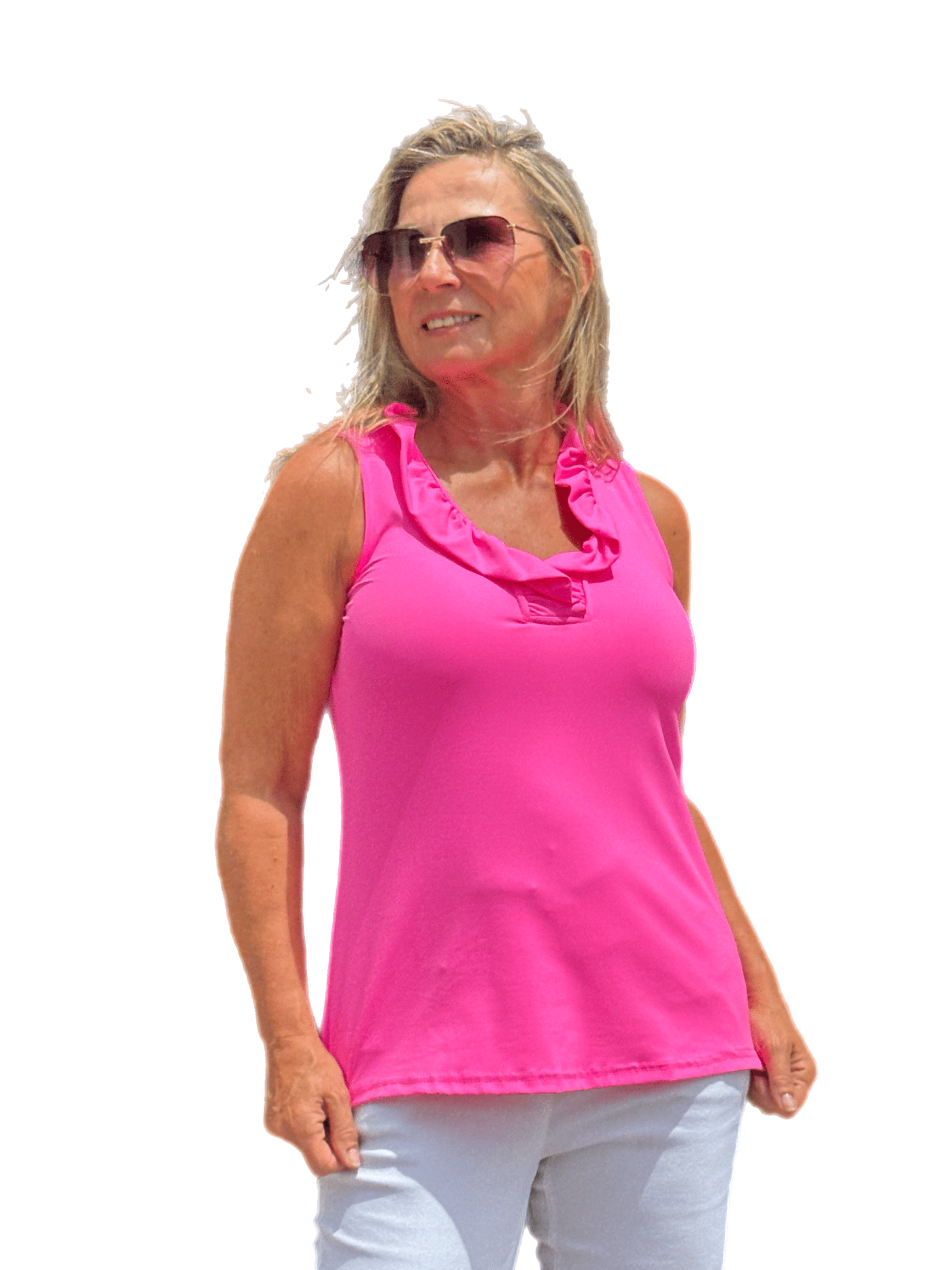 Ruffle-Neck Top with UPF50+ Bright Hot Pink