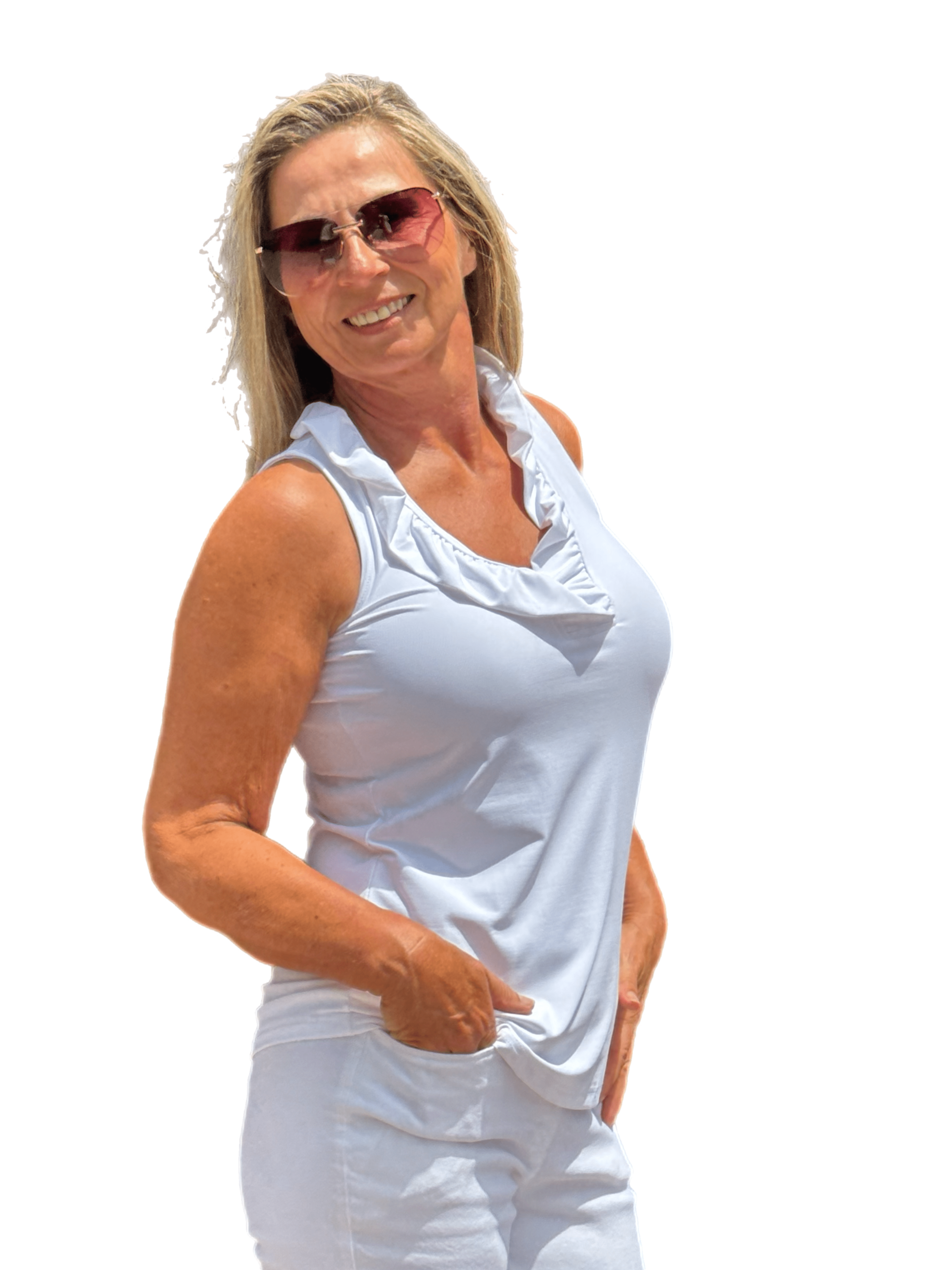 Ruffle-Neck Top with UPF50+ White
