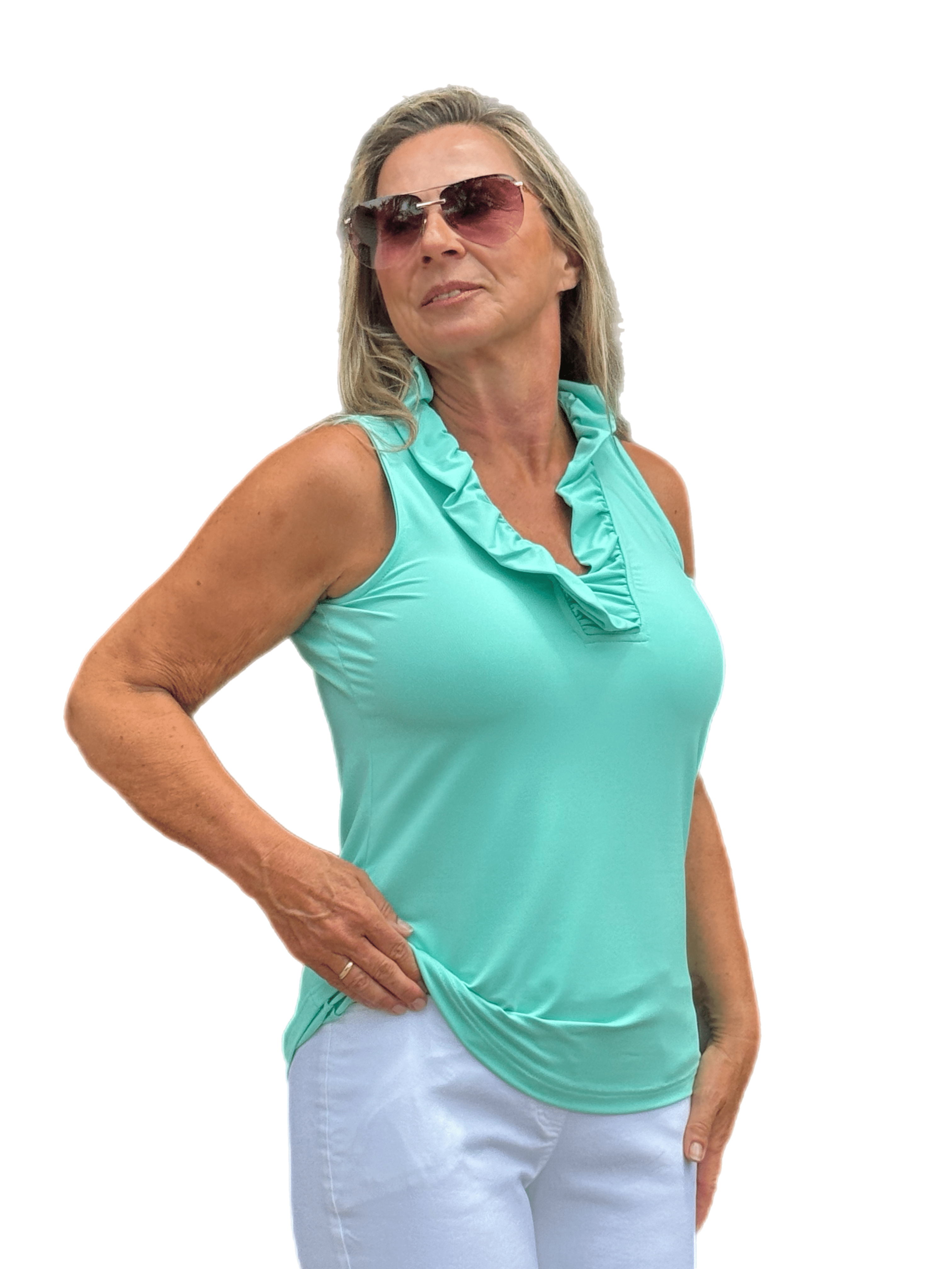 Ruffle-Neck Top with UPF50+ Seafoam