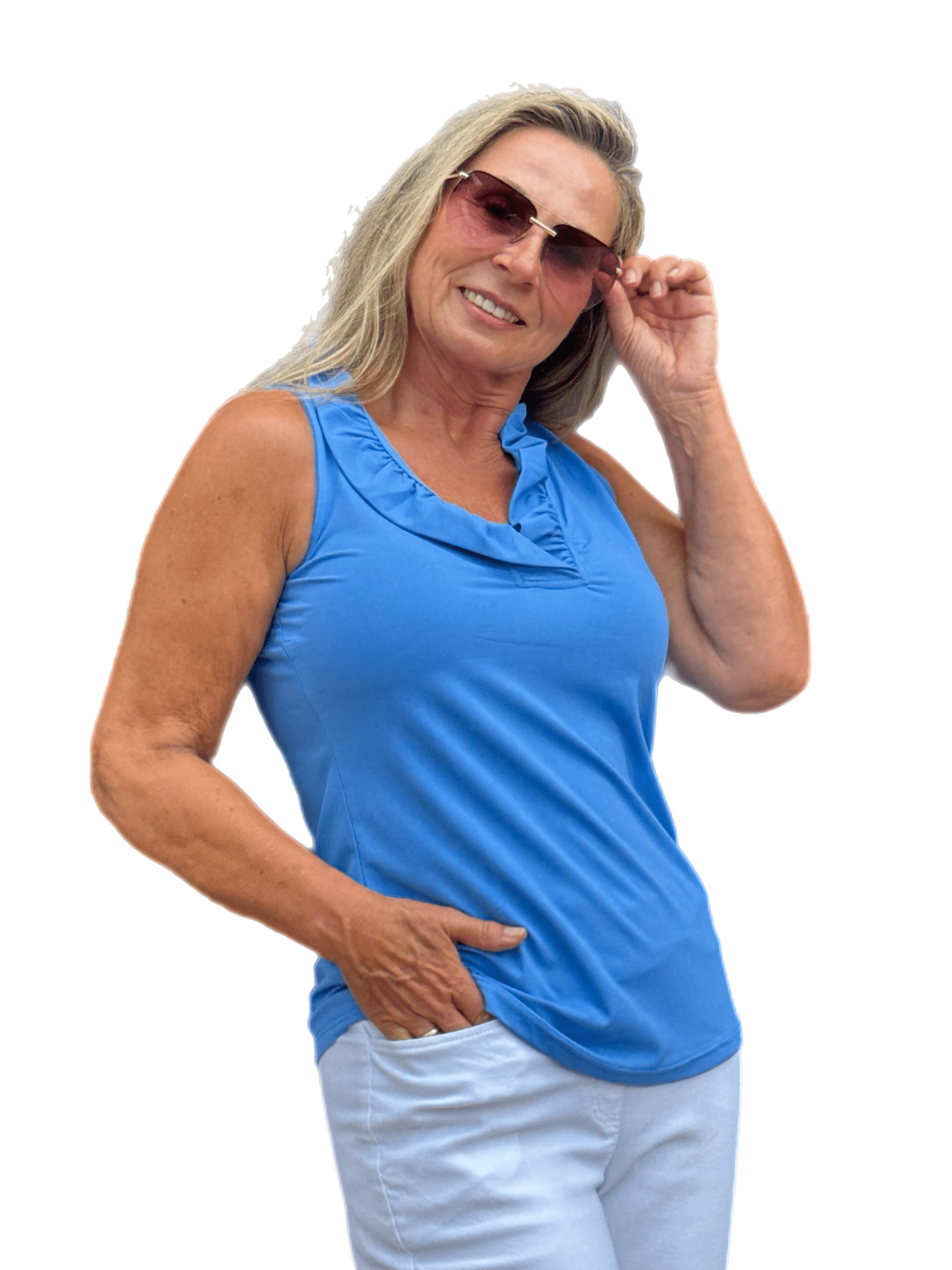 Ruffle-Neck Top with UPF50+ Bright Periwinkle
