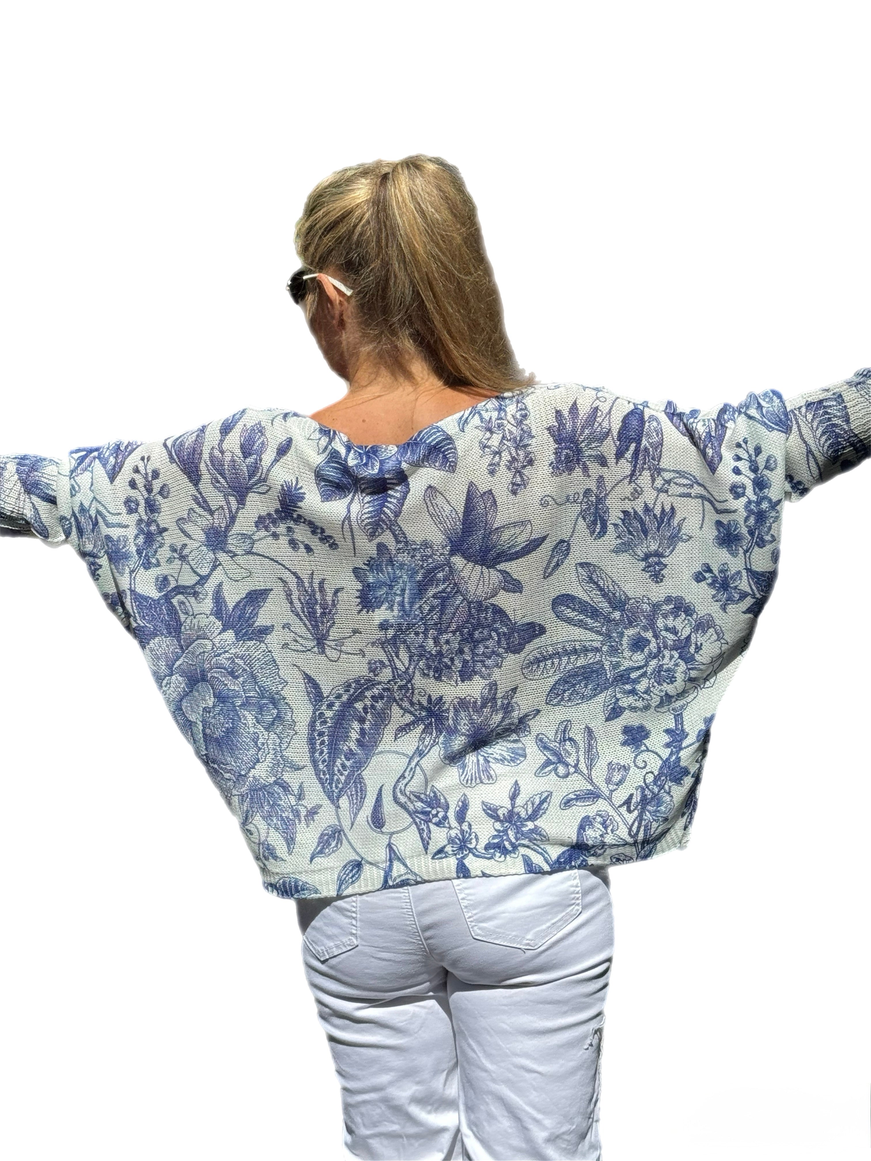 Long Sleeve Knit Sweater Blue Garden - MADE IN ITALY