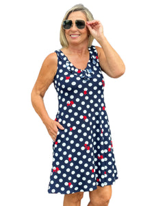 Sleeveless V-Neck Dress with Pockets Navy Polka Dots
