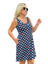 Load image into Gallery viewer, Sleeveless V-Neck Dress with Pockets Navy Polka Dots
