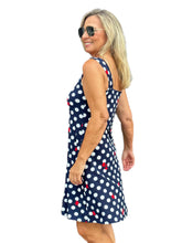 Load image into Gallery viewer, Sleeveless V-Neck Dress with Pockets Navy Polka Dots
